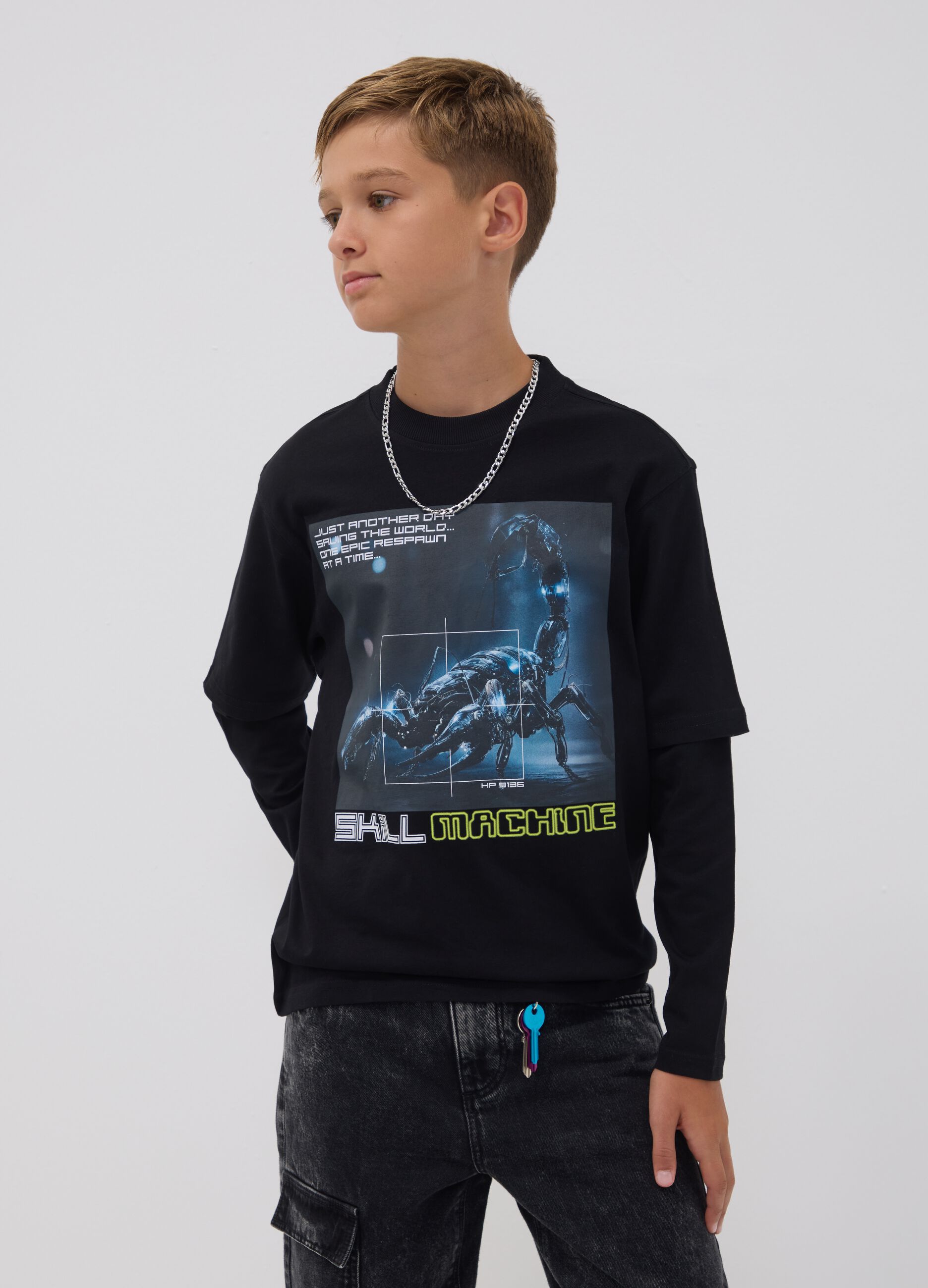 Black pure cotton crew-neck T-shirt with print