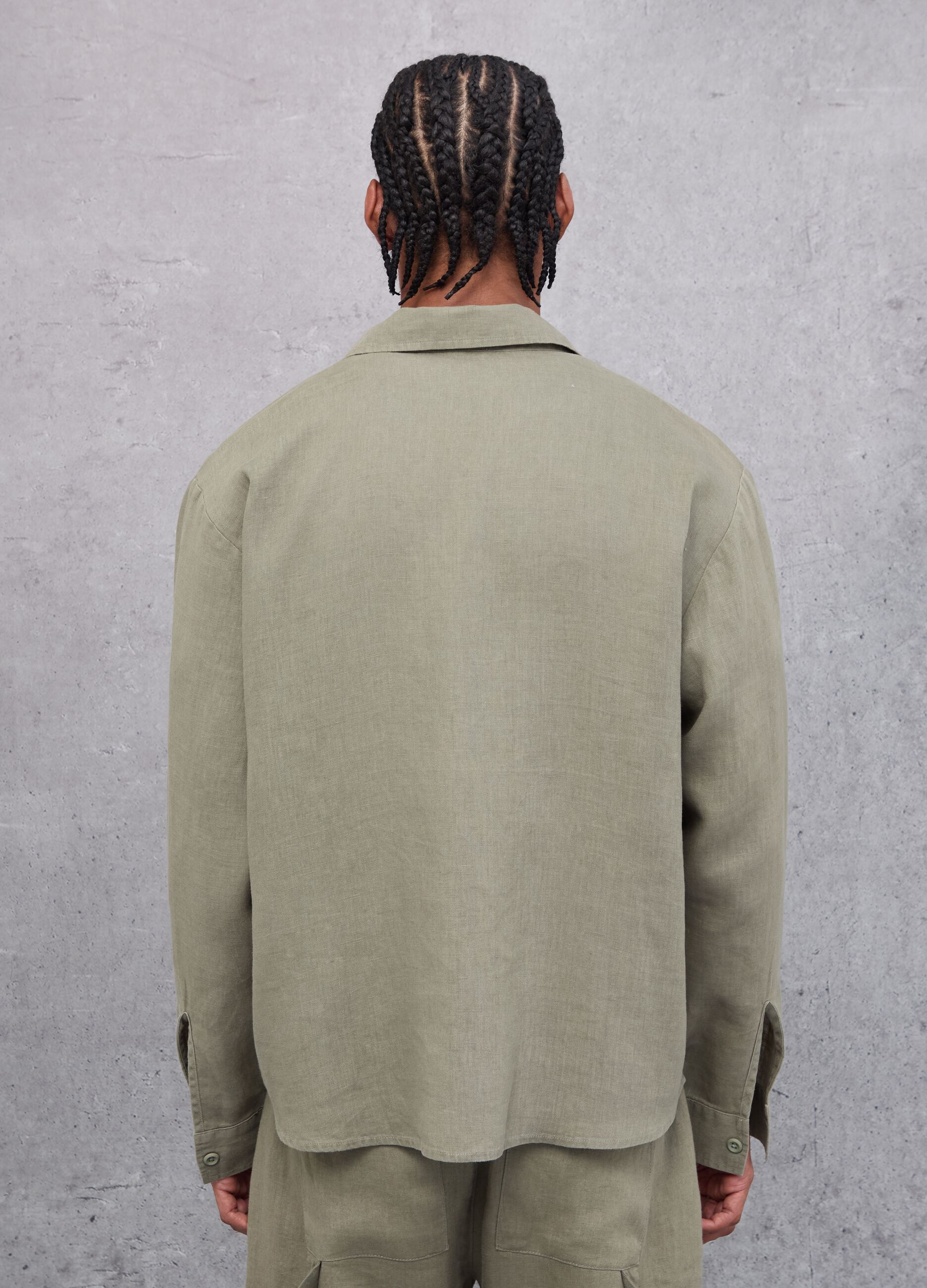 100% Linen Cargo Shirt Military Green 
