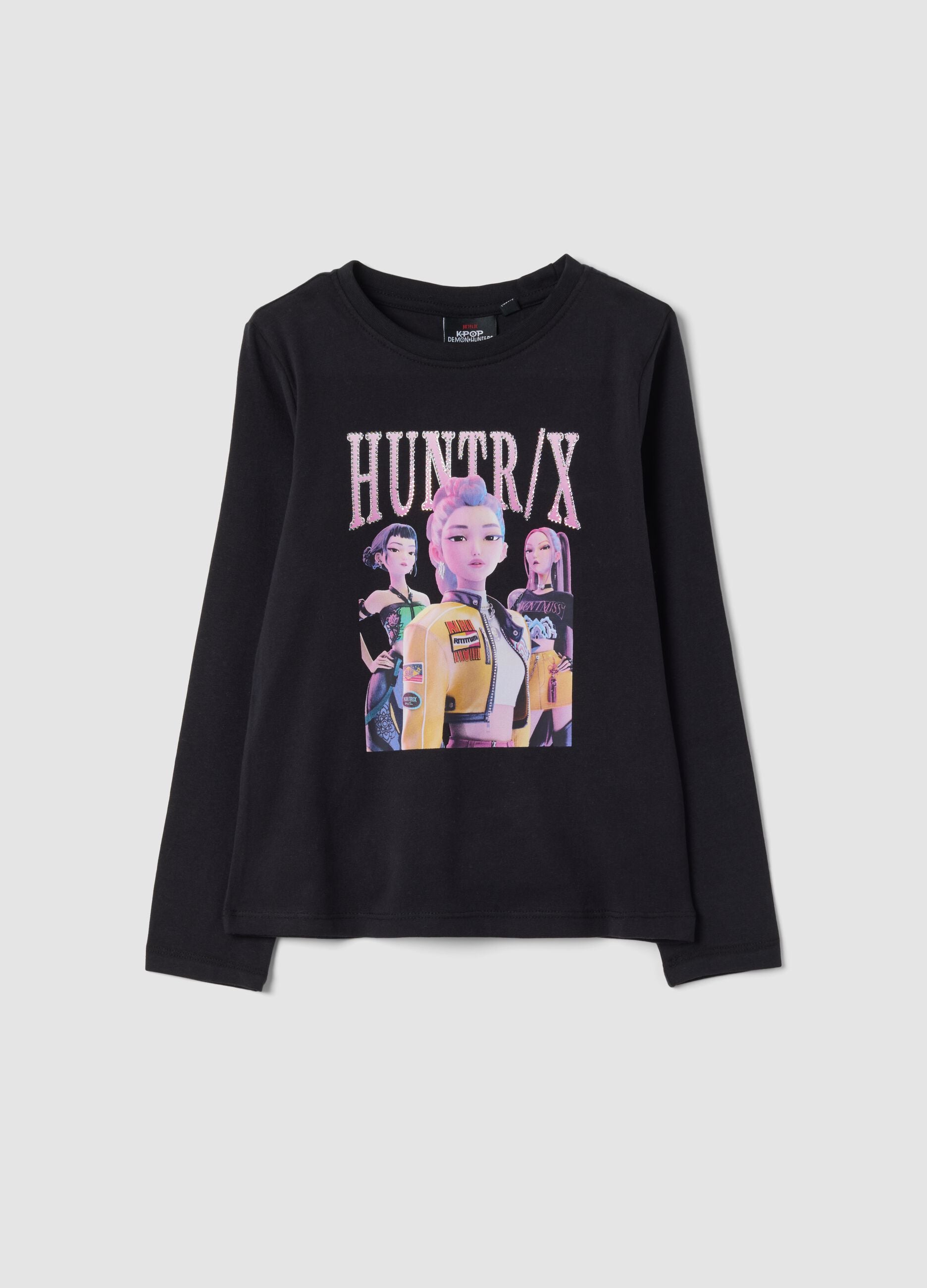 Black stretch cotton T-shirt with K-Pop Demon Hunters print