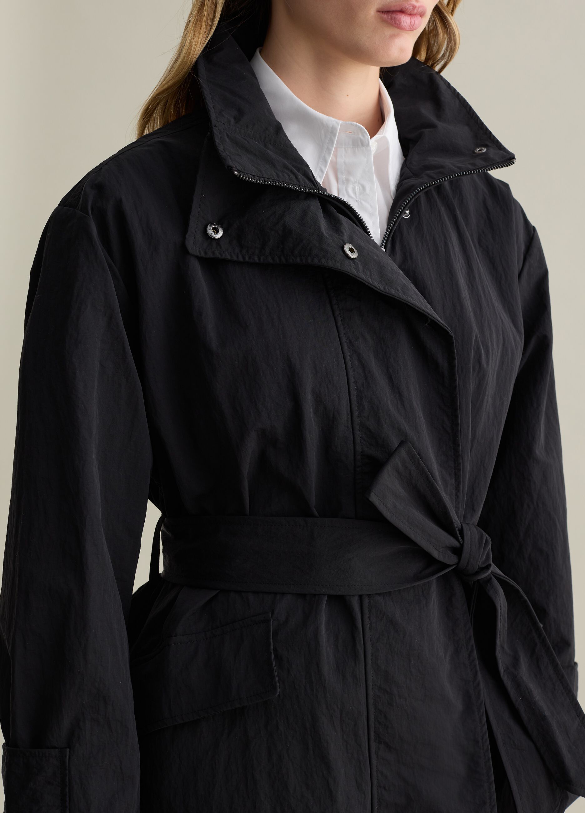 Long trench coat with zip and buttons