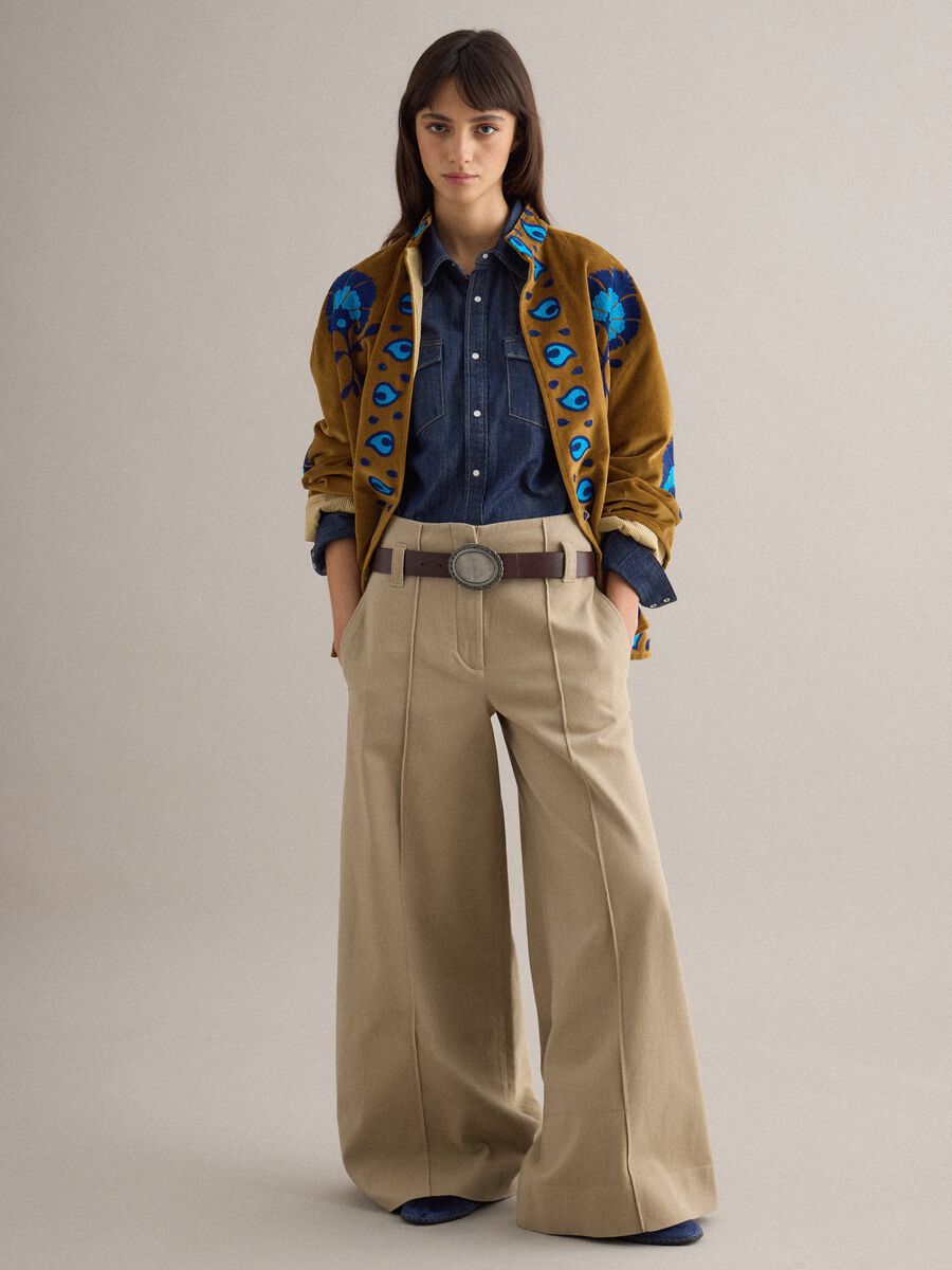Beige straight trousers in twill and stretch cotton_0