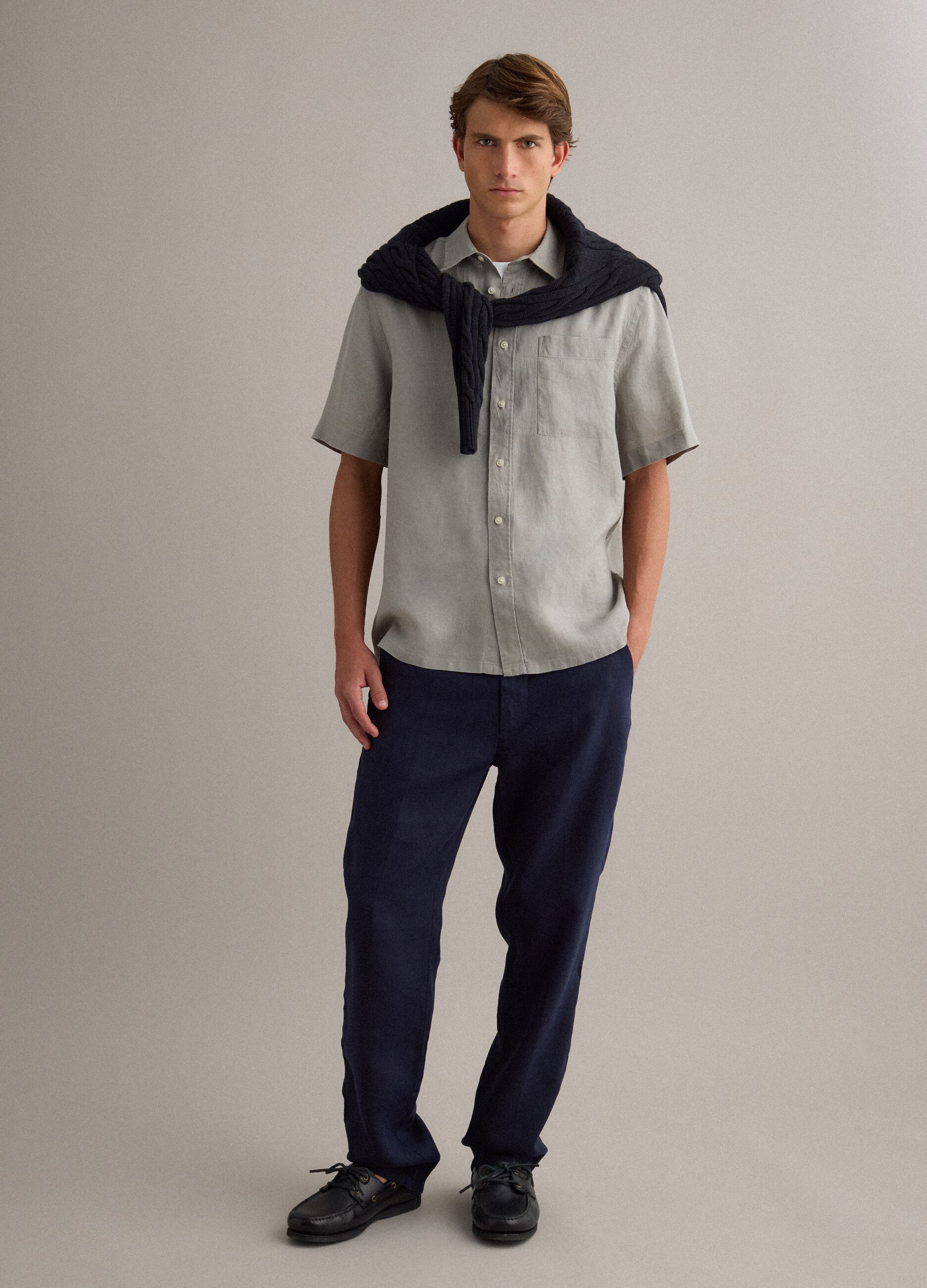 Grey pure linen shirt regular fit