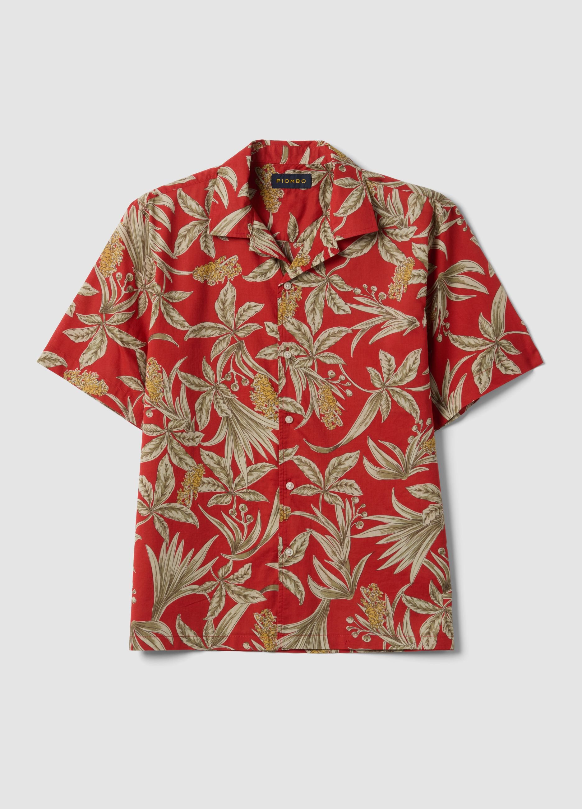 Red organic cotton shirt with tropical print