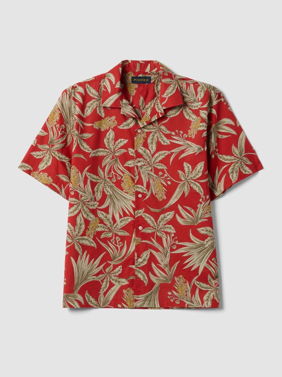 Camicia rossa in cotone organico con stampa tropicale_0