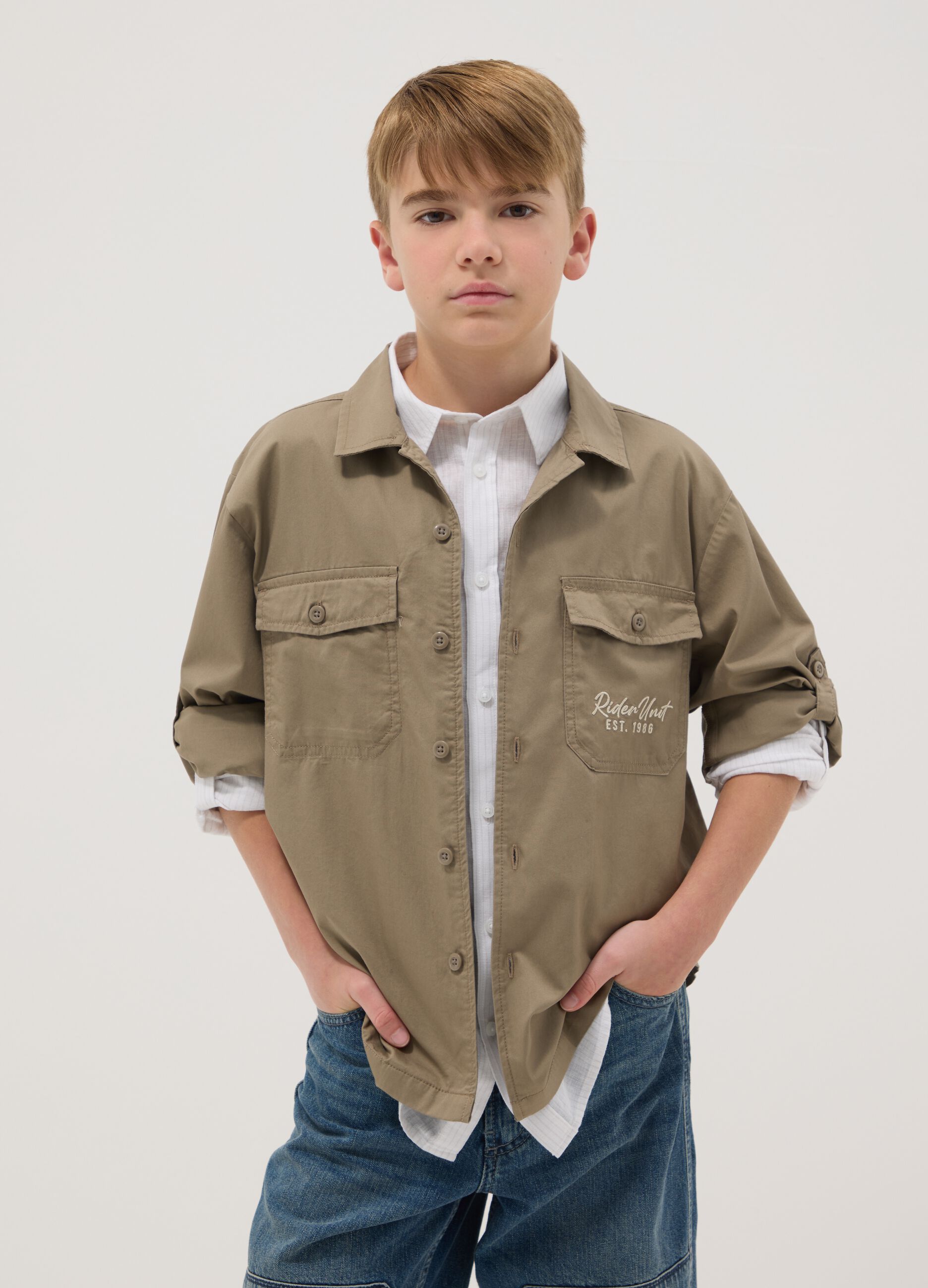 Boys' oversized fit beige pure cotton shirt