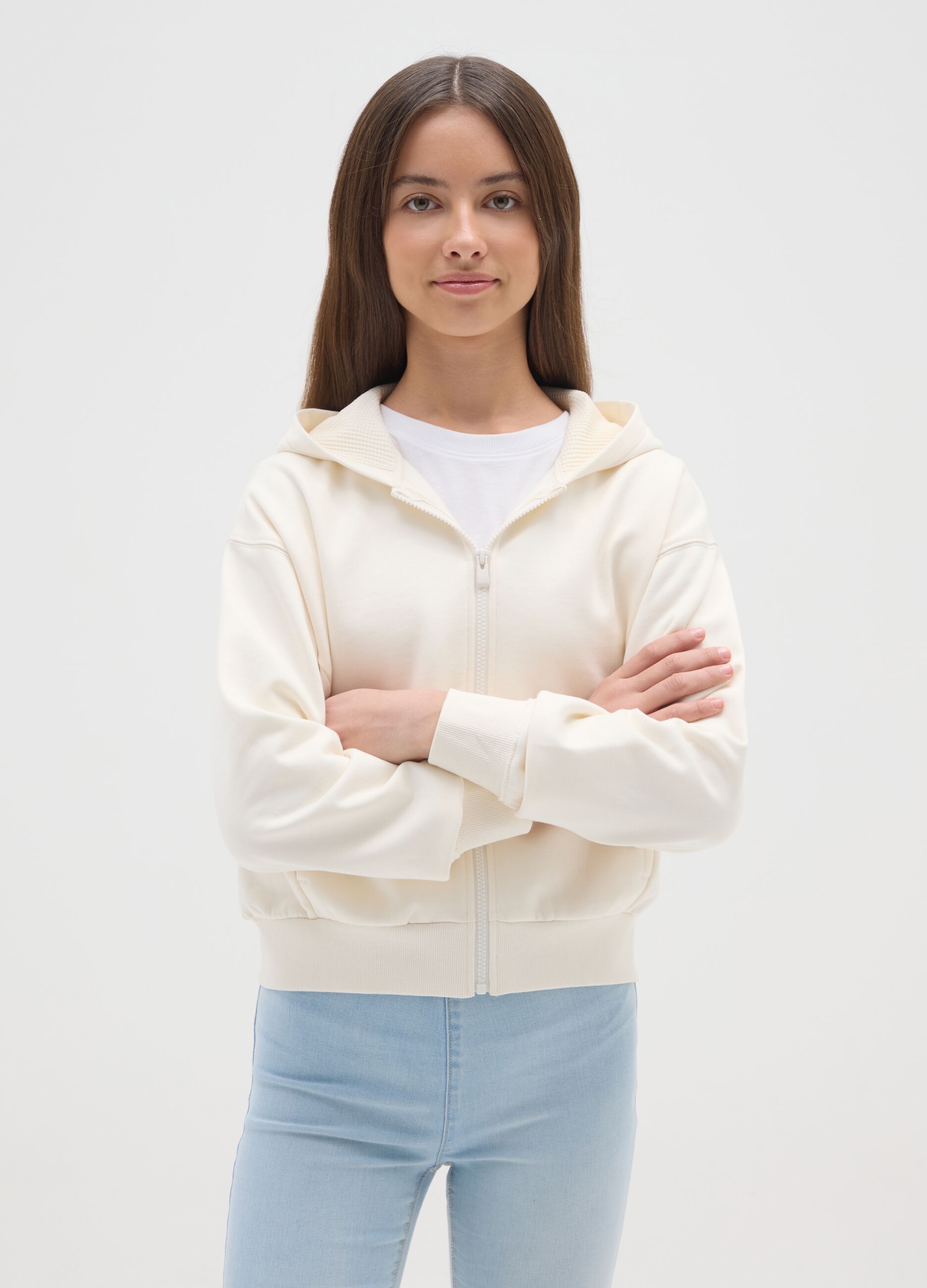 Girls' white hoodie in pure cotton regular fit with hood and zip