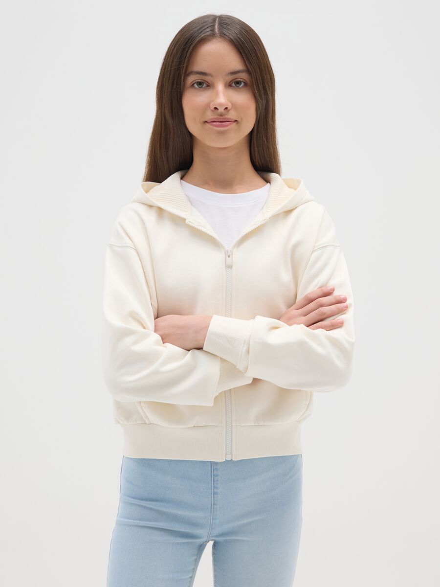 Felpa bianca da ragazza in puro cotone regular fit con cappuccio e zip_0