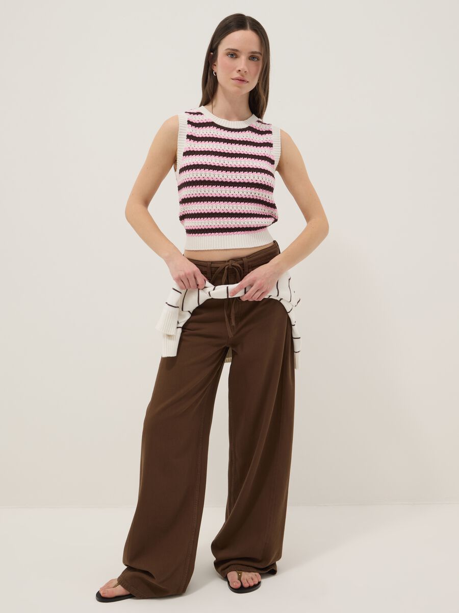 Brown Pure Cotton Wide Leg Trousers_0