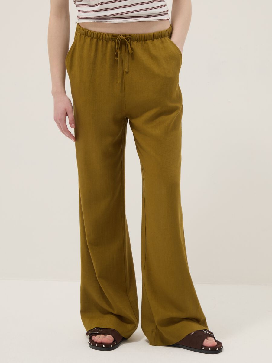 Yellow viscose and linen blend jogger trousers, relaxed fit_1