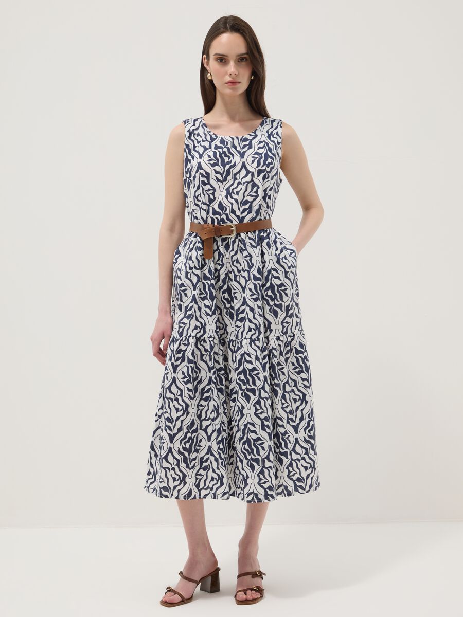 Blue stretch cotton midi dress with all-over print, regular fit_0