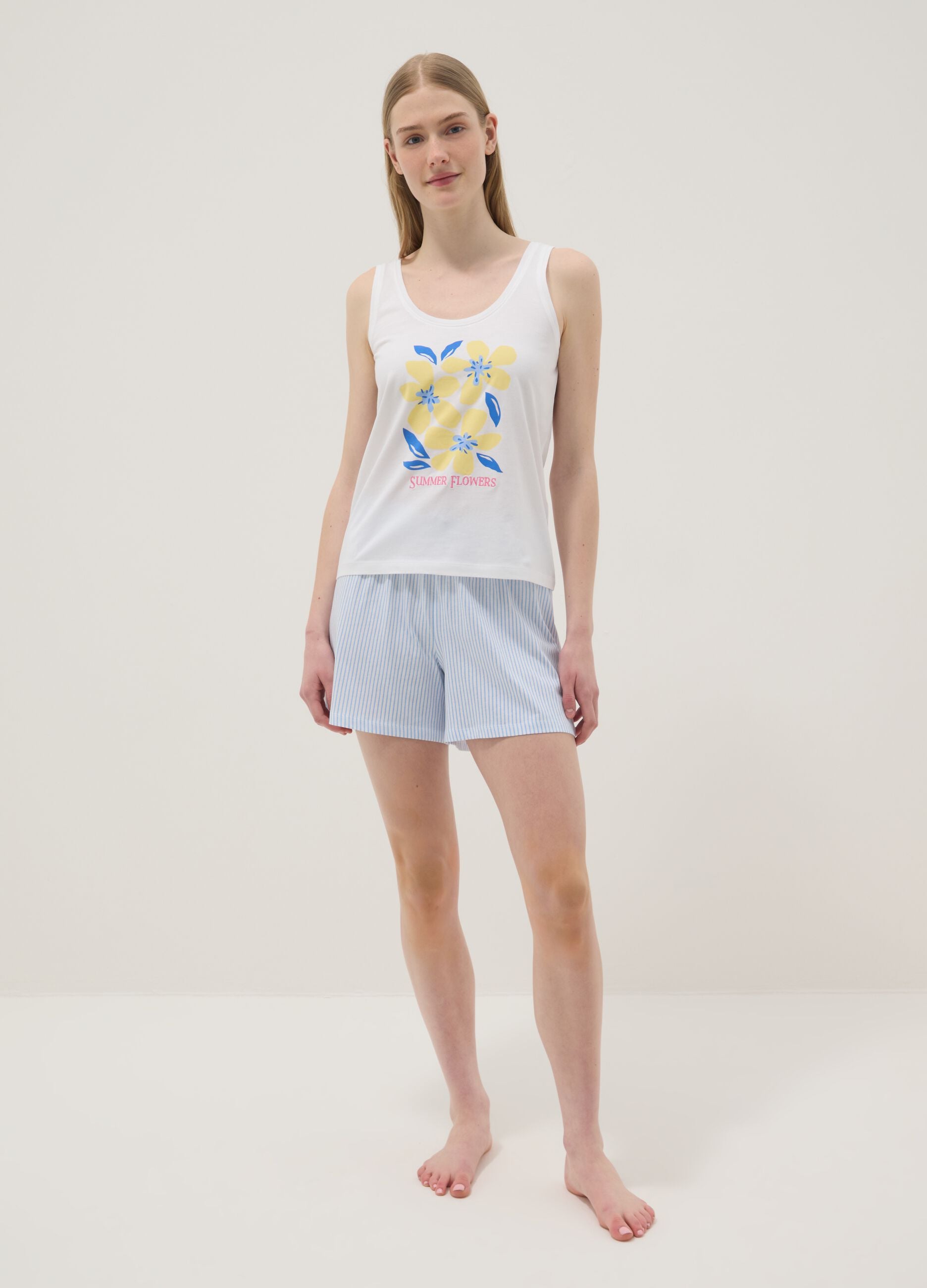 White organic cotton pyjama vest, regular fit, with floral print