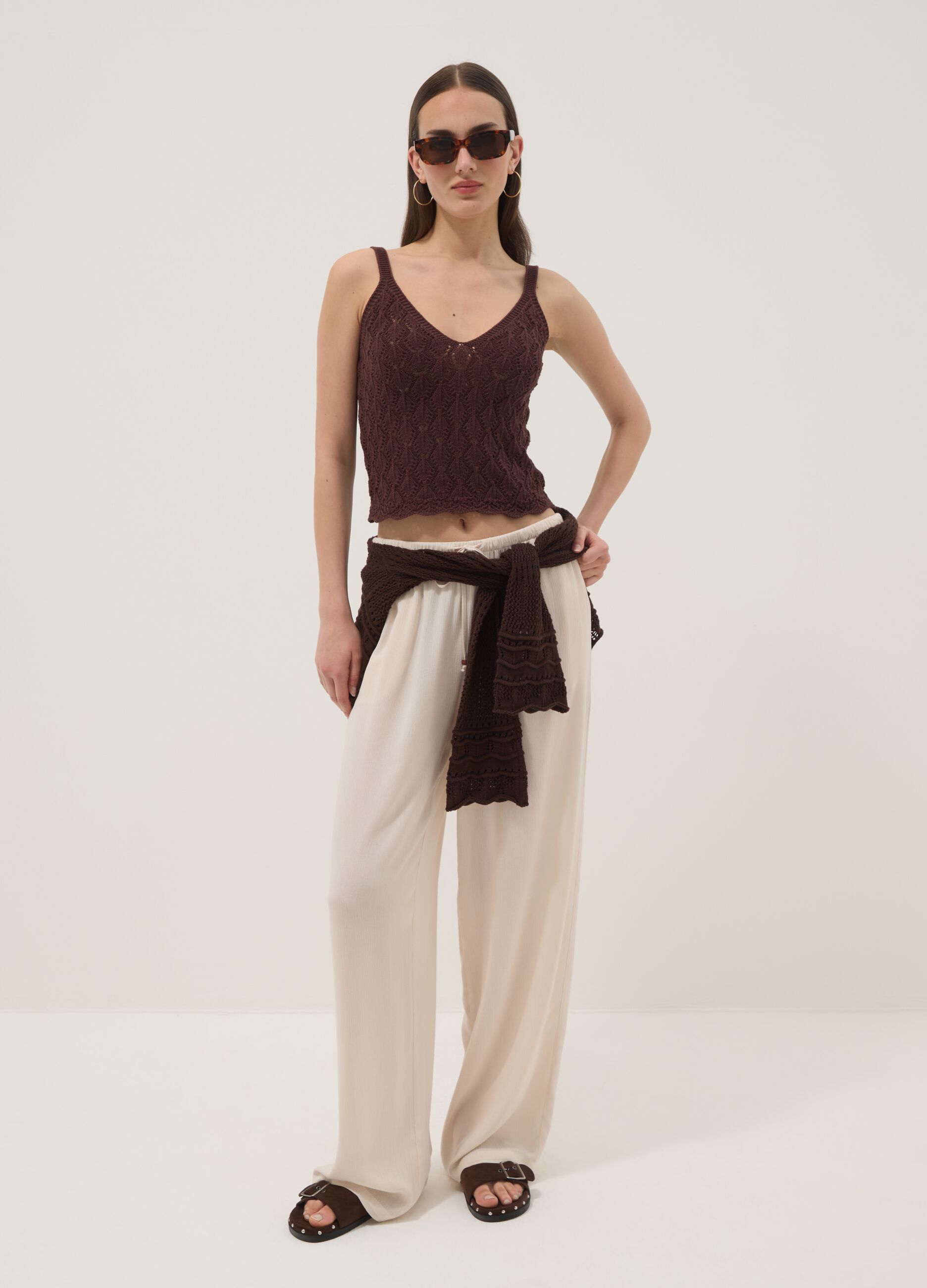 Beige palazzo trousers in pure viscose