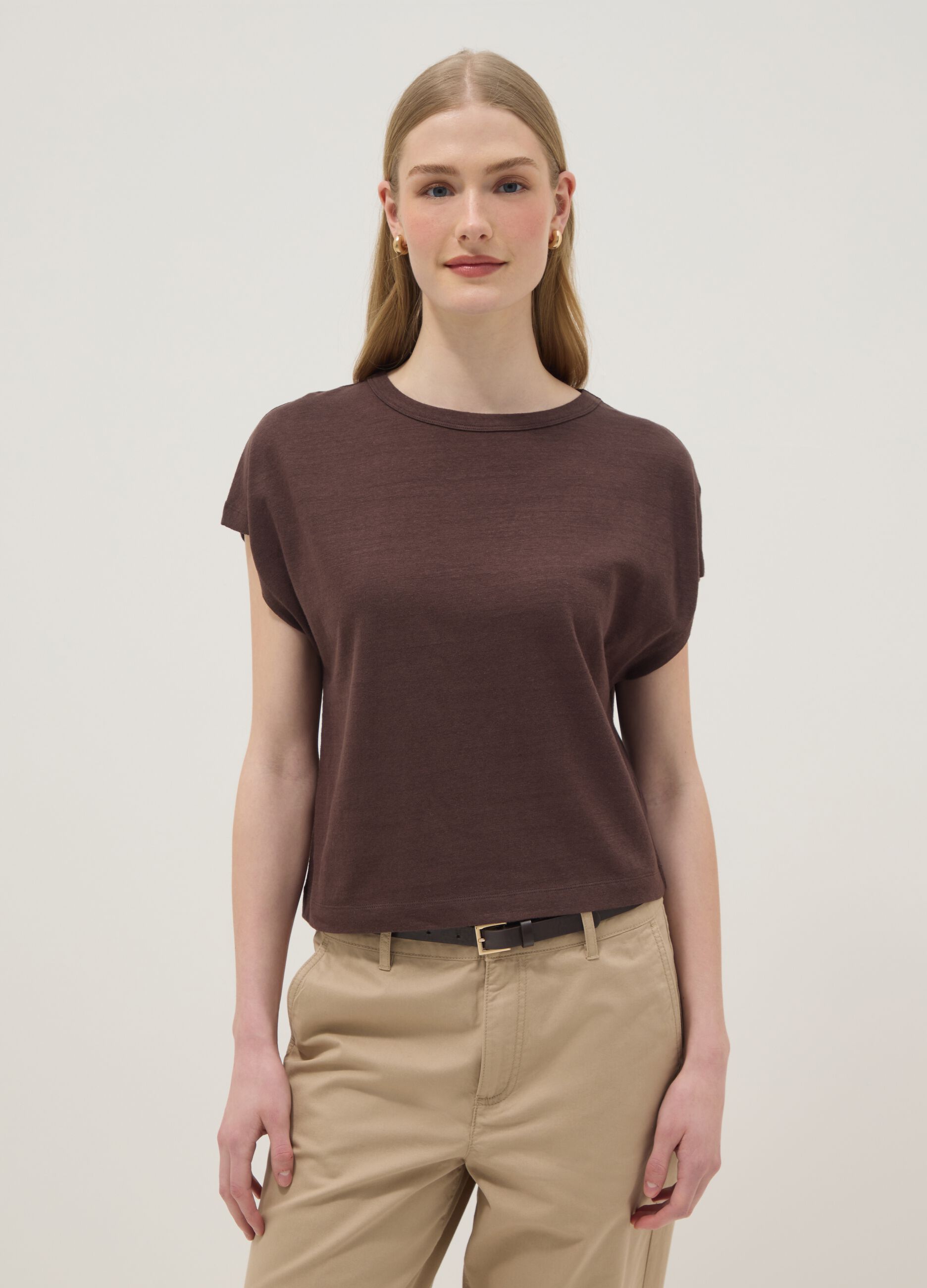 Brown cotton-linen blend short-sleeve T-shirt, regular fit