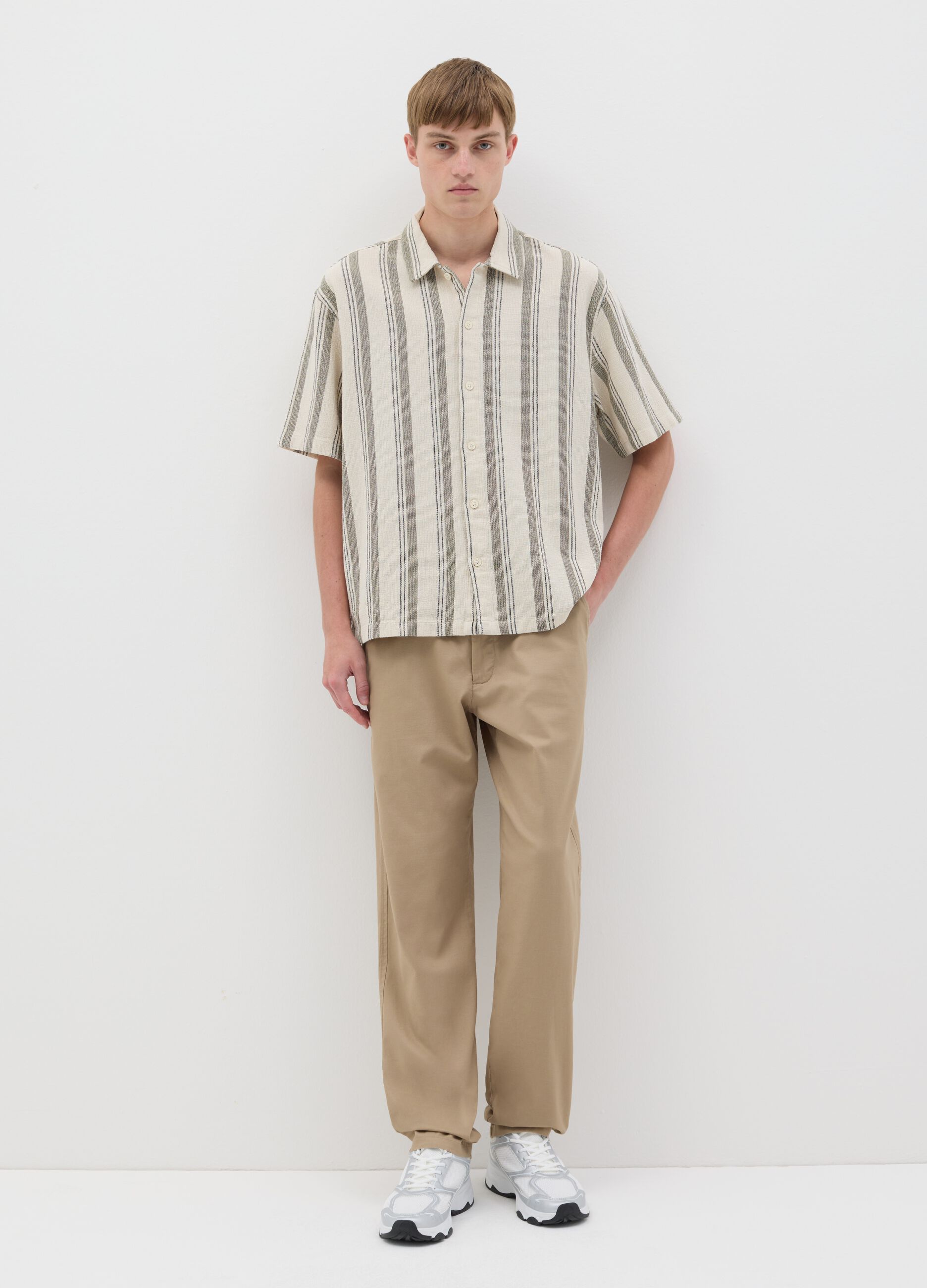 Oversized shirt with grey and beige stripes in cotton