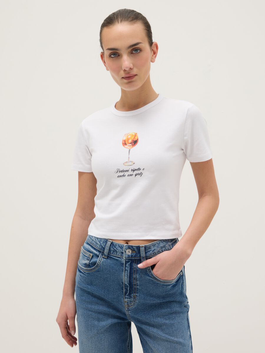 Regular fit white pure cotton T-shirt with spritz print_0