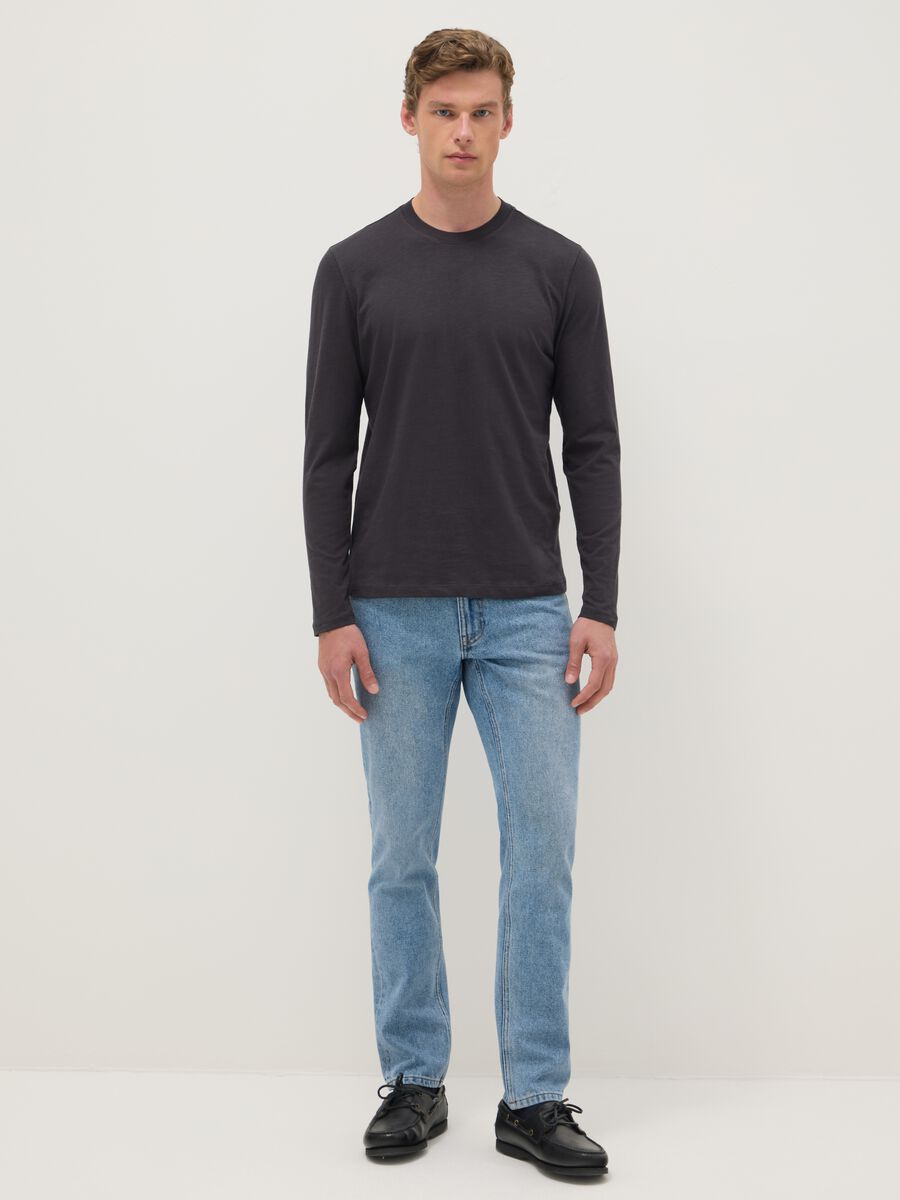 Grey long-sleeve pure cotton regular fit T-shirt_1