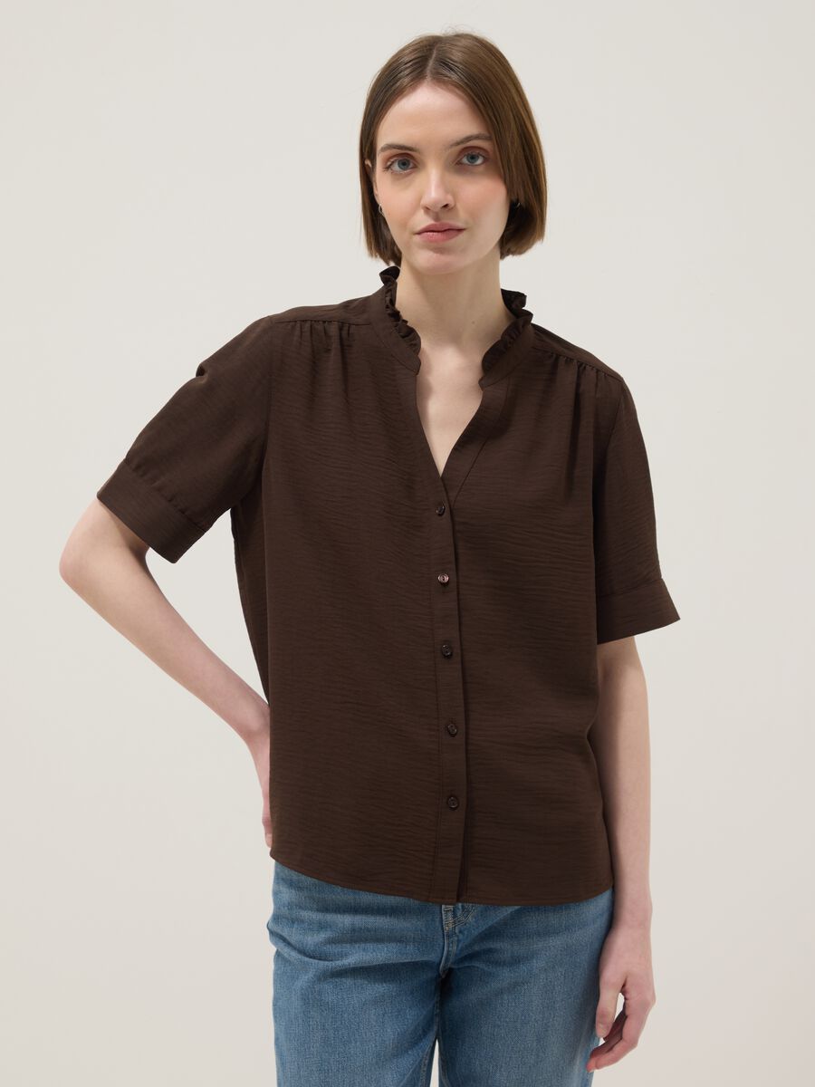 Camicia a maniche corte in puro cotone marrone regular fit_0