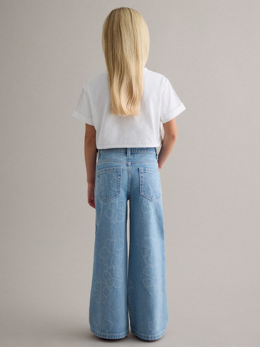 Girls' wide-leg light blue pure cotton jeans with floral print_1