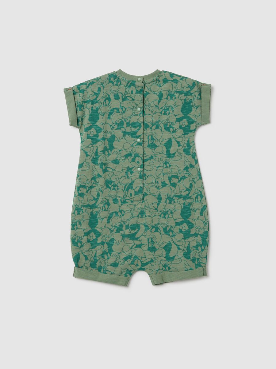 Green cotton romper suit with Sylvester the Cat print_1