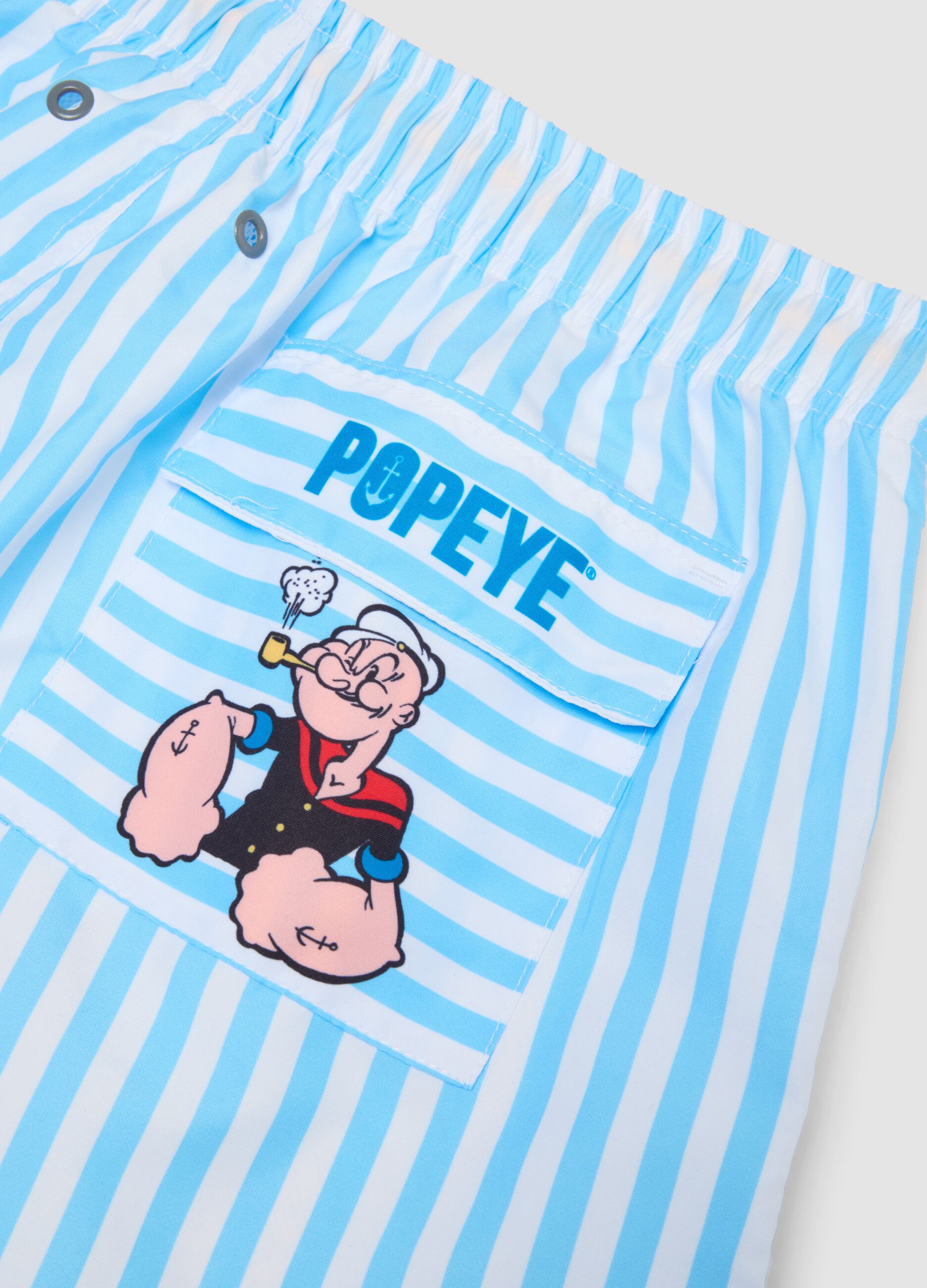 Multicolour striped swim shorts with Popeye print