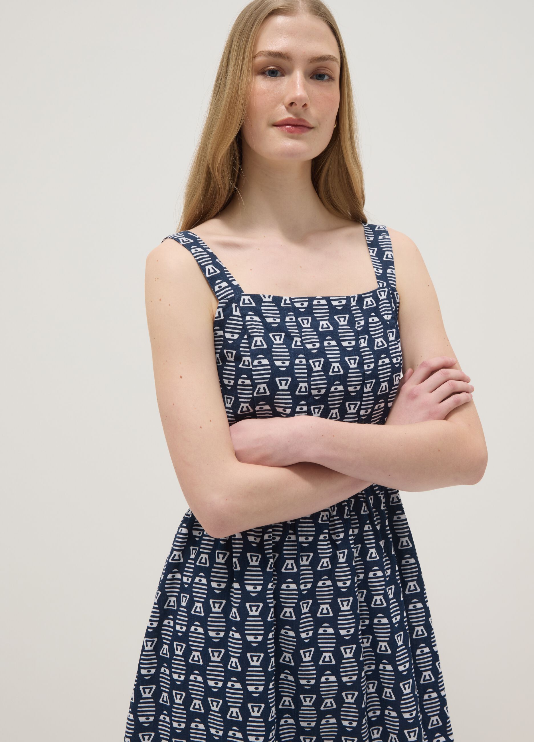 Blue pure cotton strappy dress with a summer print