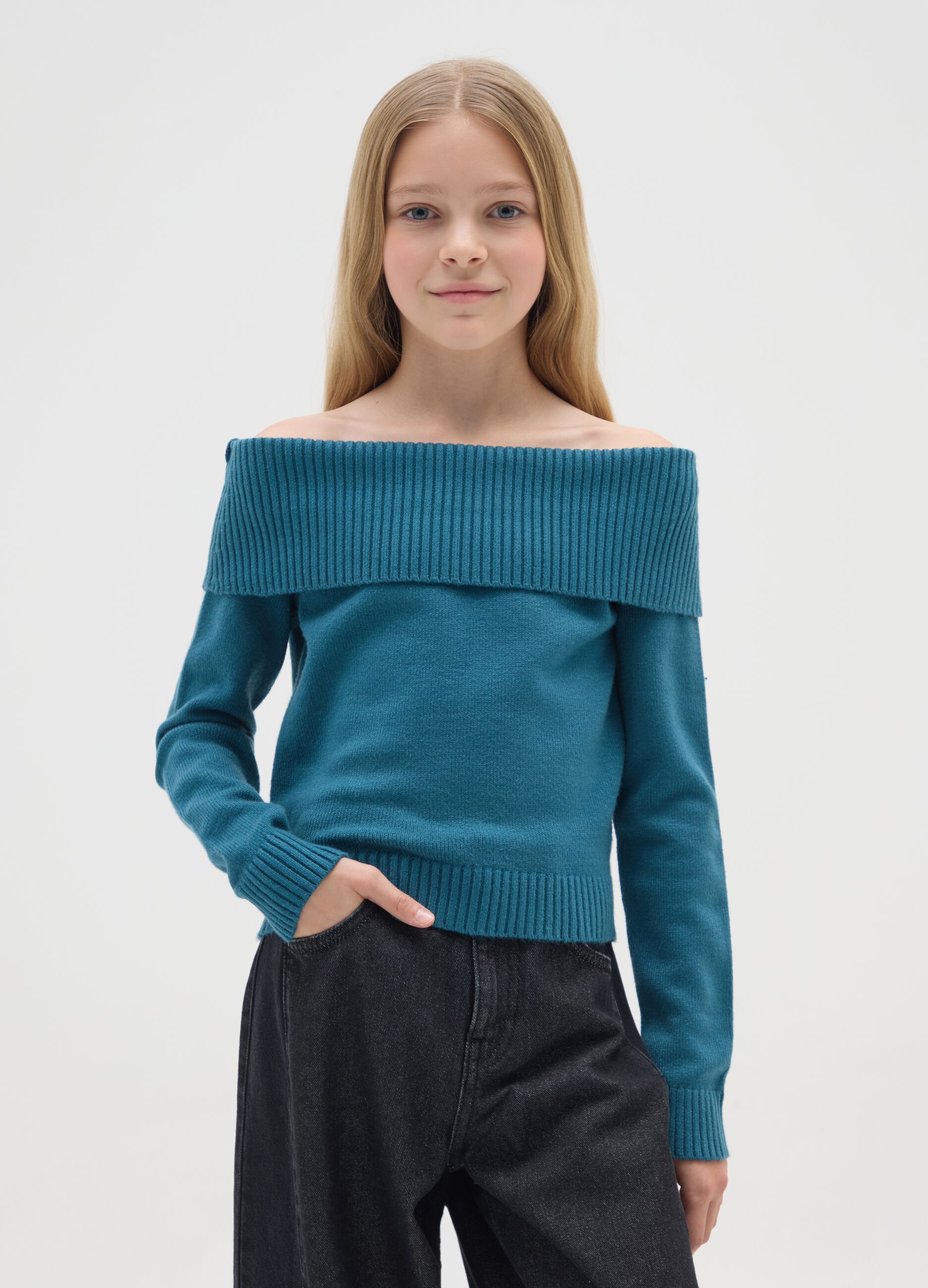 Regular fit girls' blue shawl collar sweater