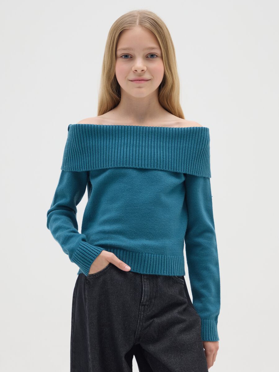 Regular fit girls' blue shawl collar sweater_0