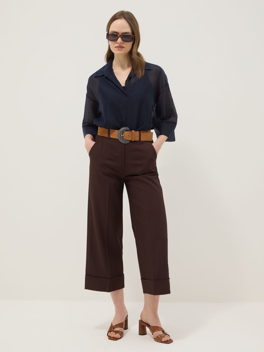 Brown cropped trousers in stretch fabric_0