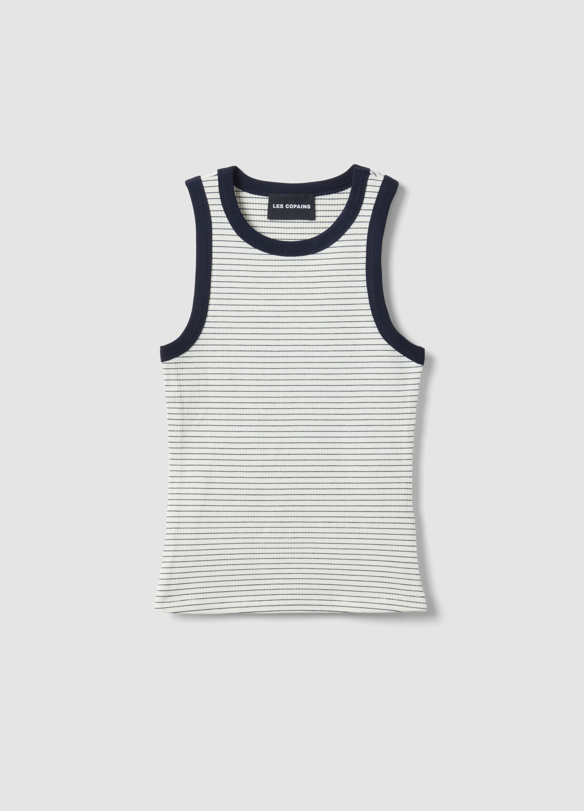 White stretch viscose tank top with blue detailing, regular fit