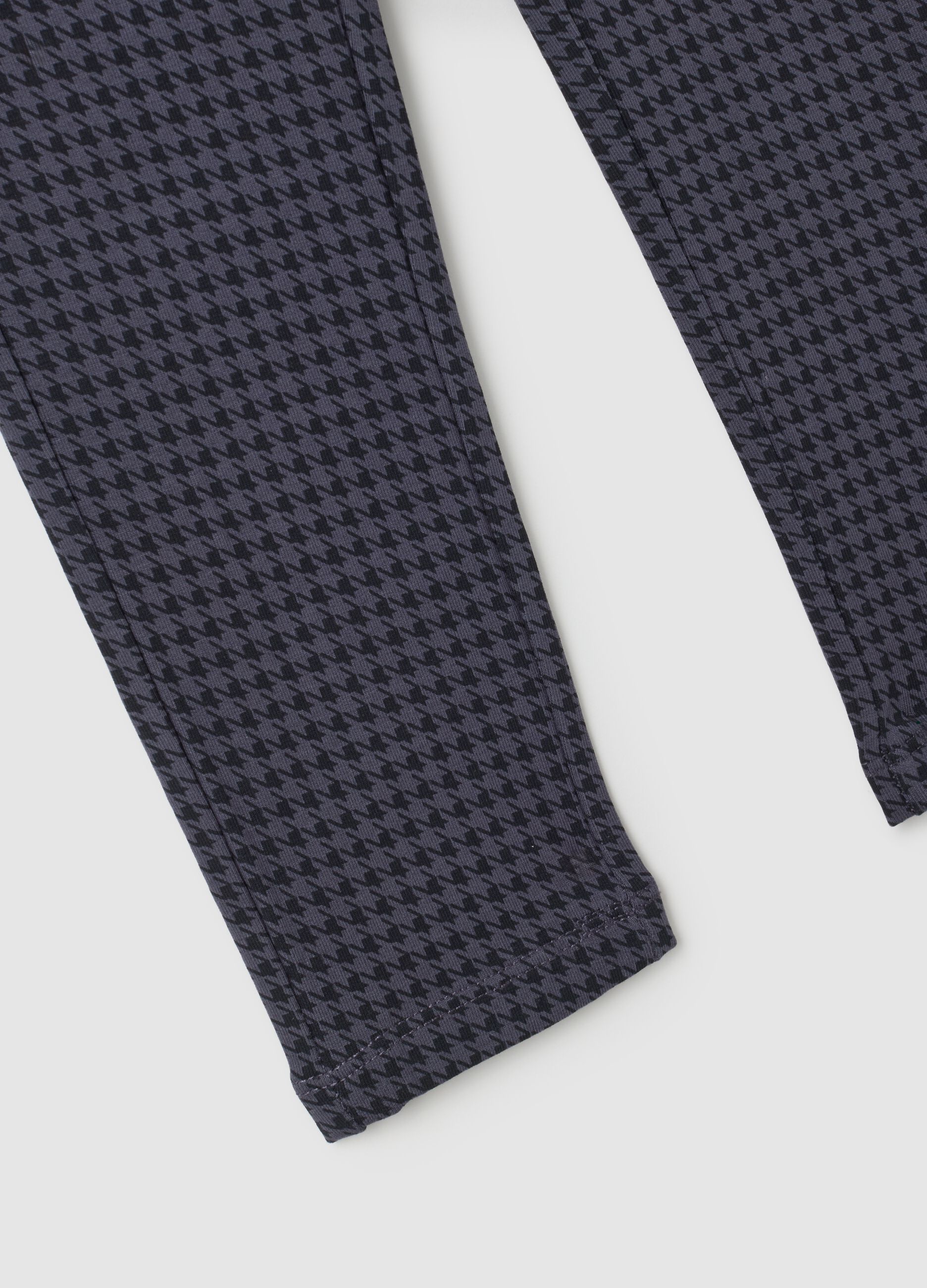 Girl's Blue Cotton Blend Leggings with Houndstooth Pattern