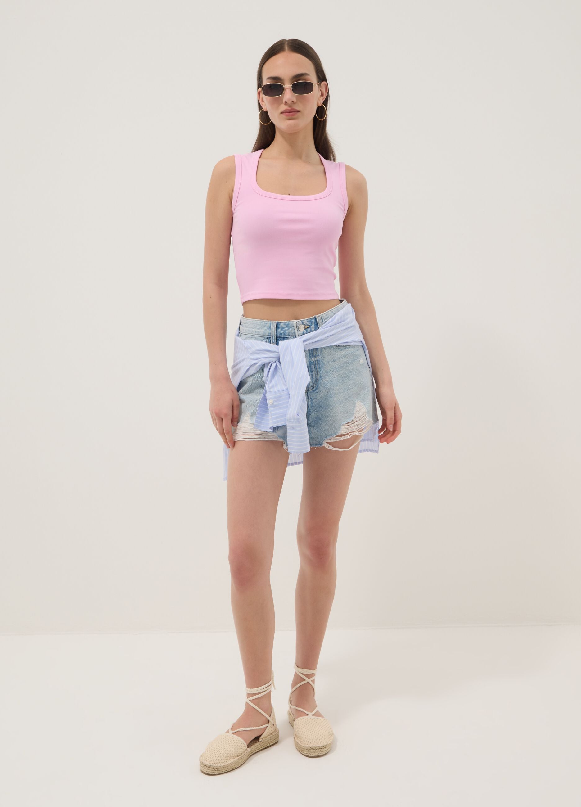 Pink cropped stretch-cotton tank top