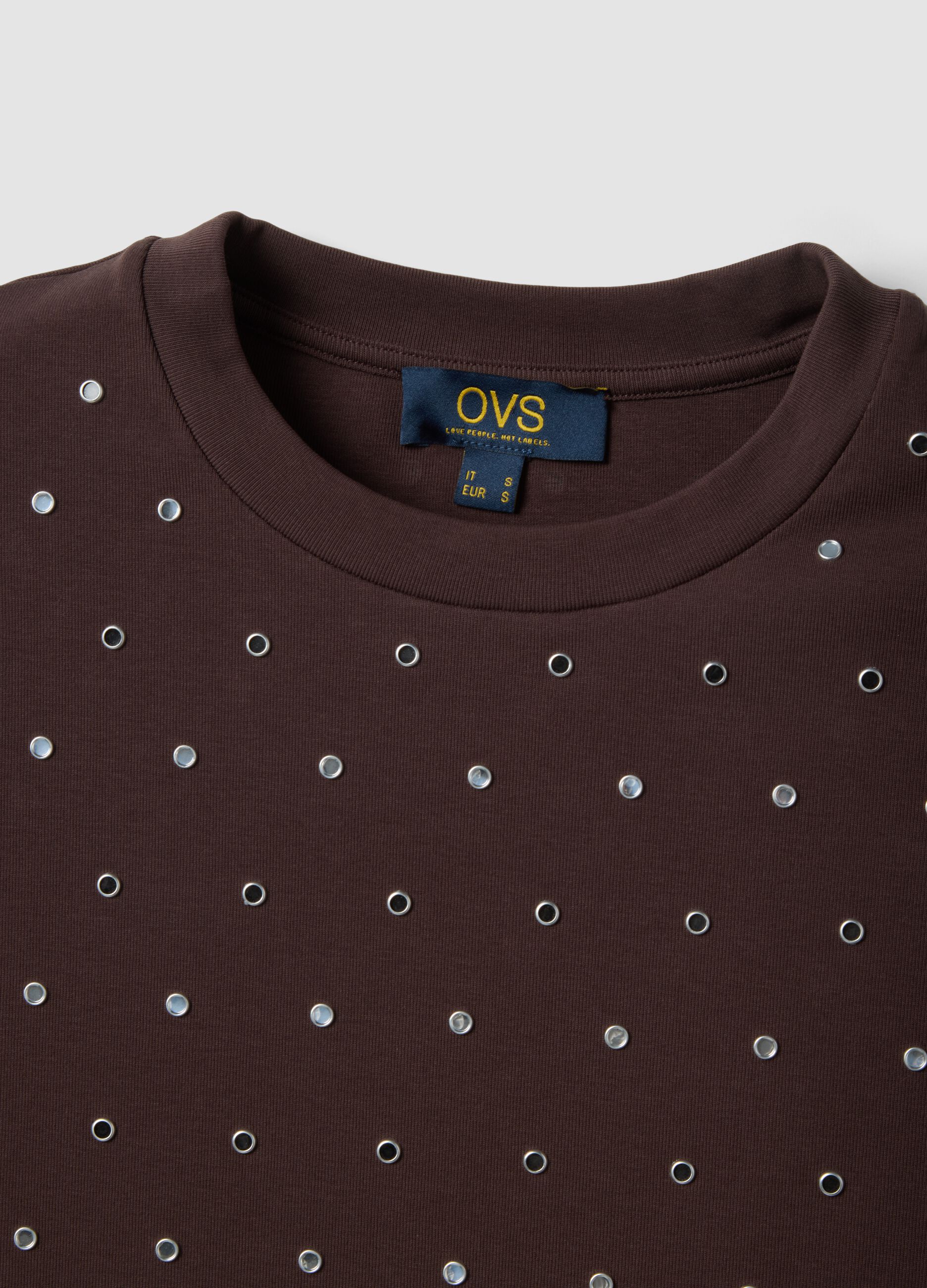 Brown stretch cotton T-shirt with studs, regular fit