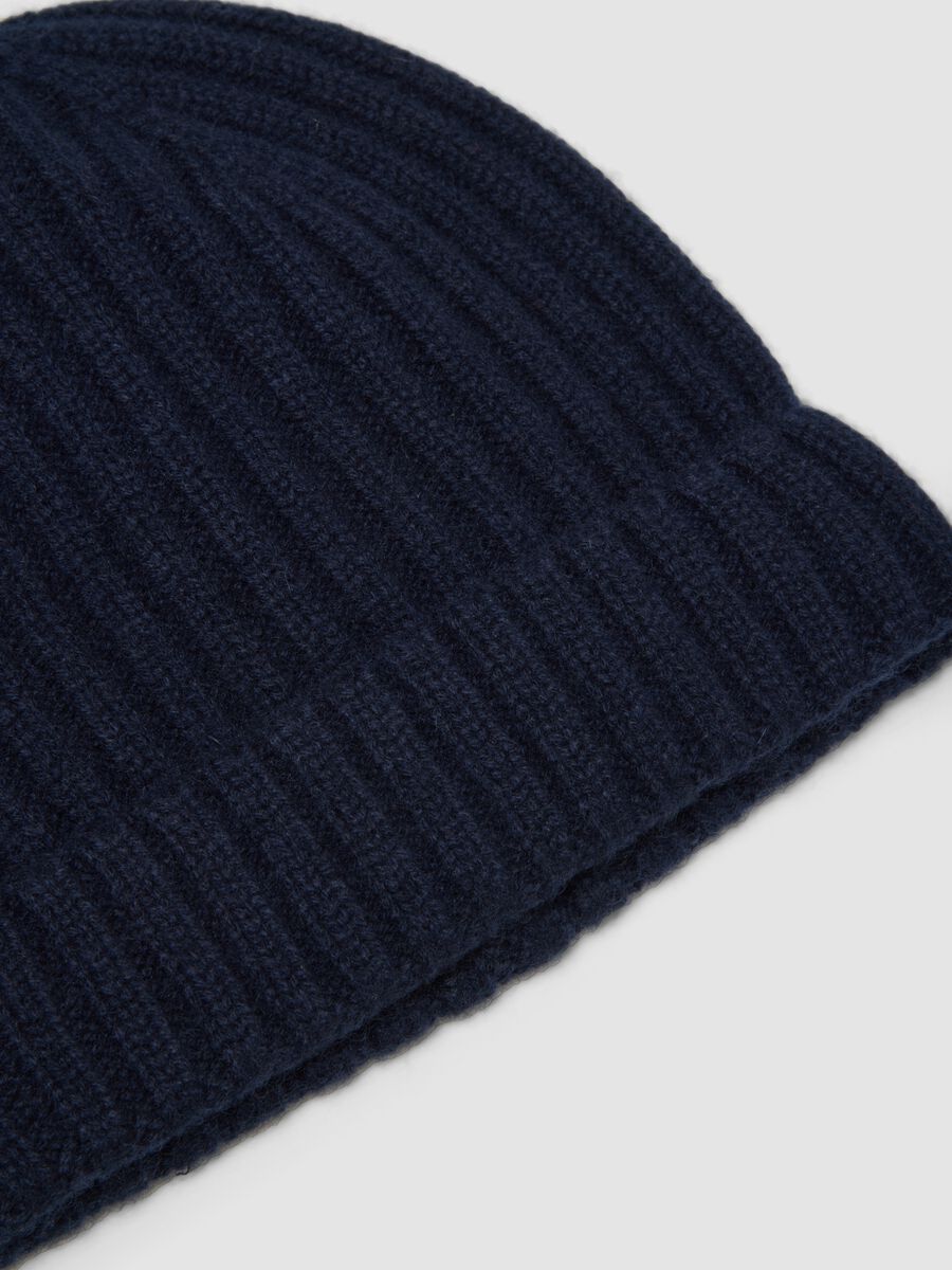 Navy blue ribbed pure cashmere beanie_1