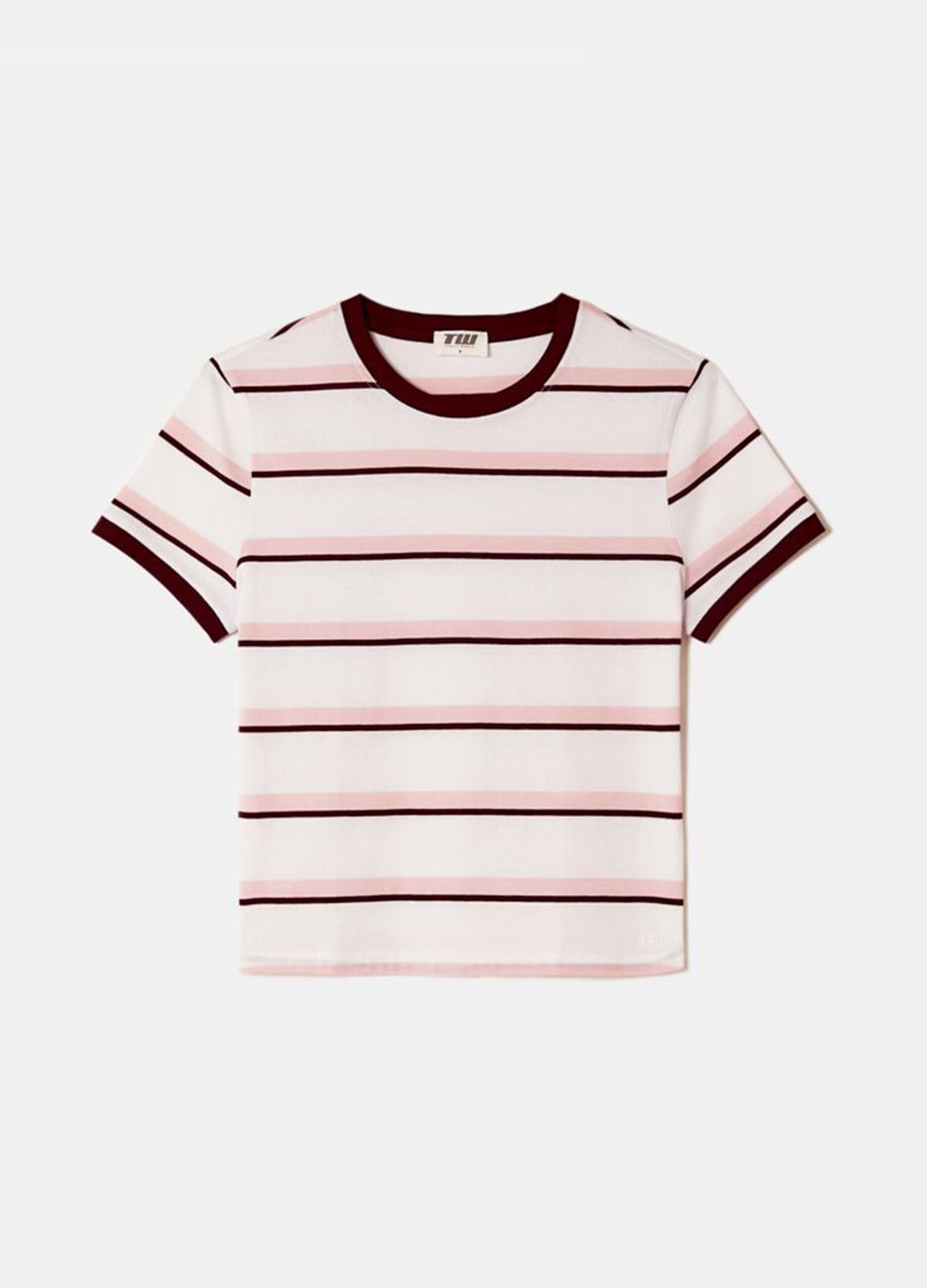 Pink T-shirt with burgundy stripes in pure cotton