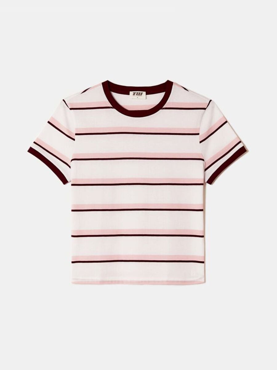 Pink T-shirt with burgundy stripes in pure cotton_0
