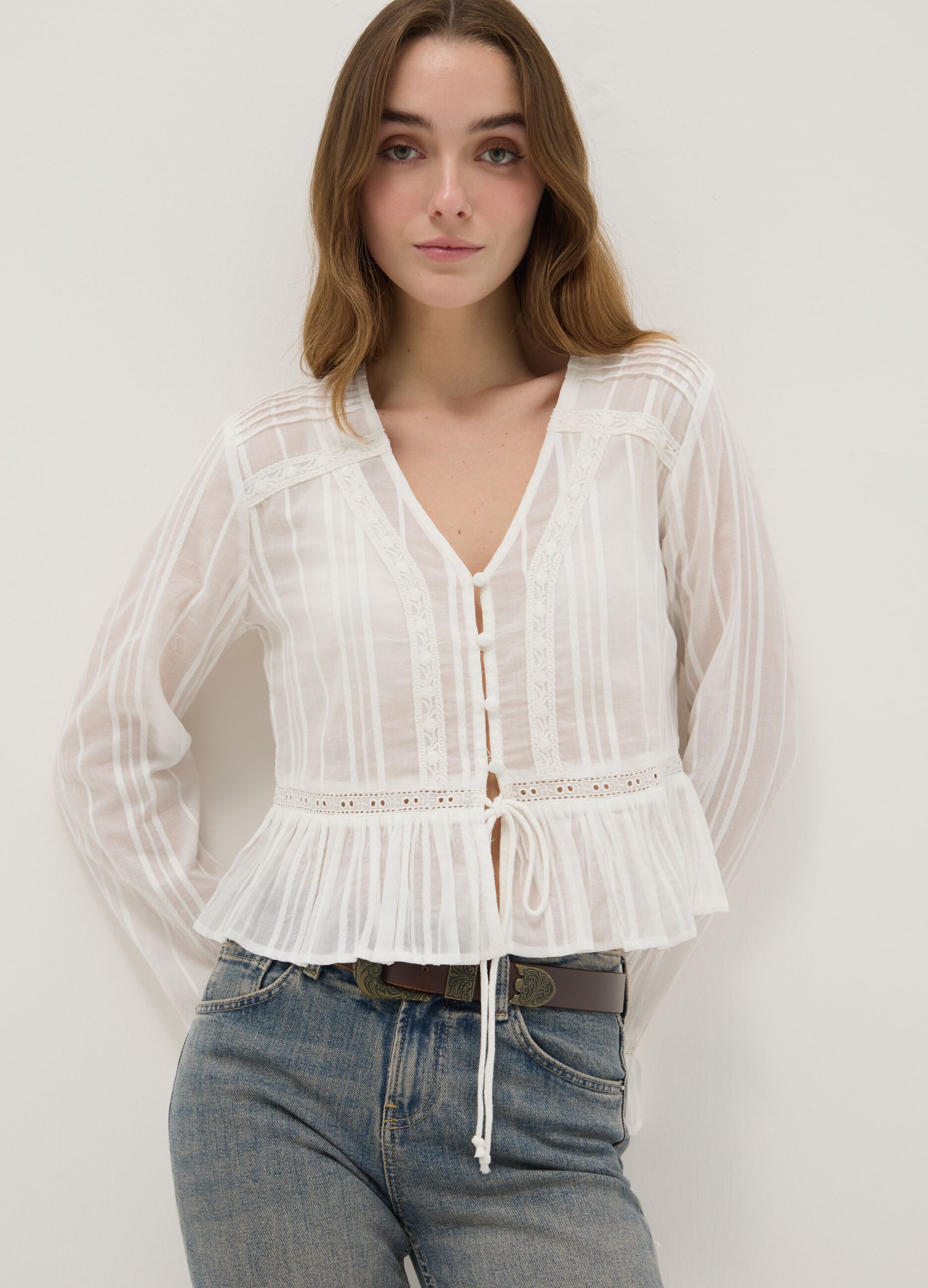 White pure cotton transparent shirt, regular fit with ruffles