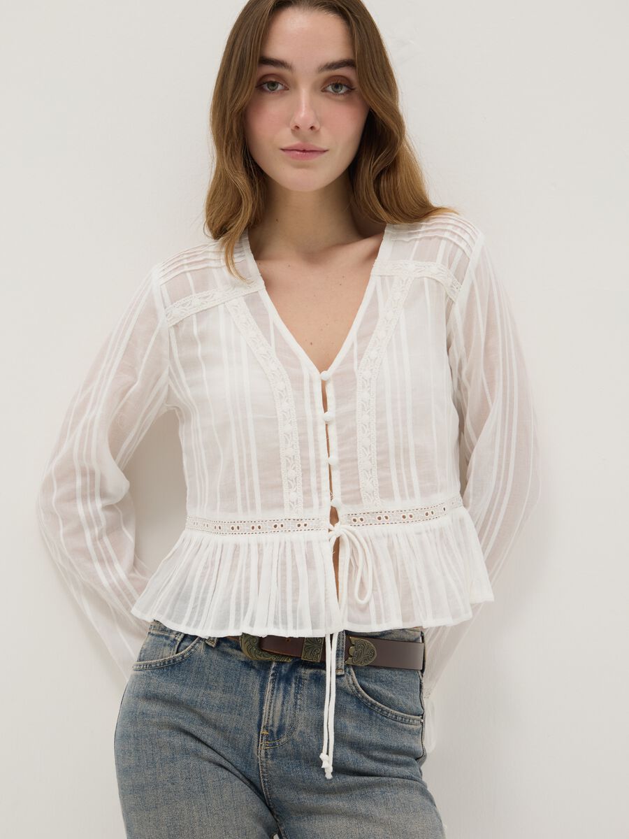 White pure cotton transparent shirt, regular fit with ruffles_0