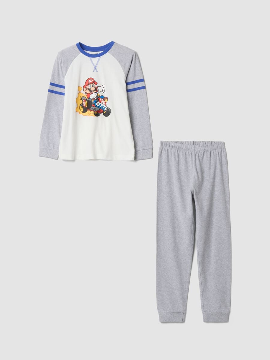 Pigiama grigio melange in puro cotone organico con stampa Mario Kart_0