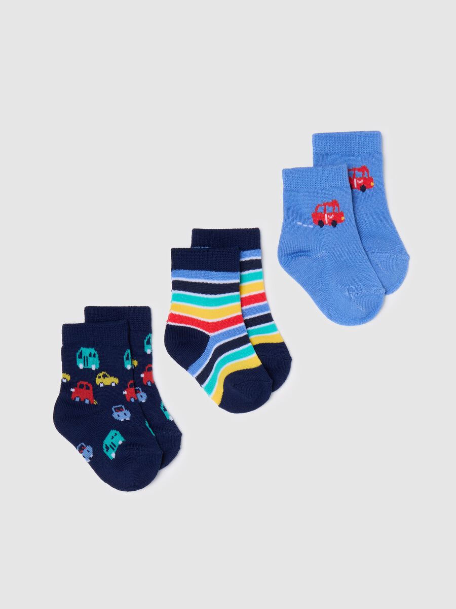 Three-pair pack short socks with striped and cars_0