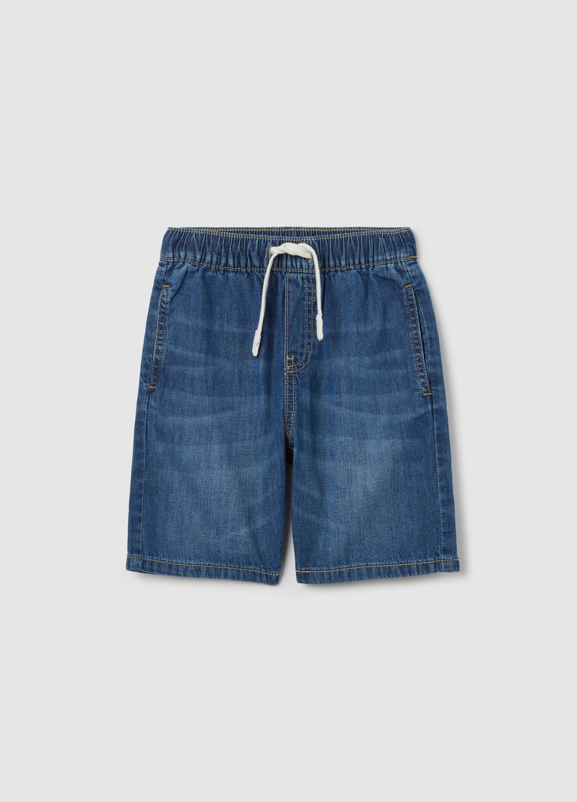 Denim Bermuda joggers with pockets and drawstring
