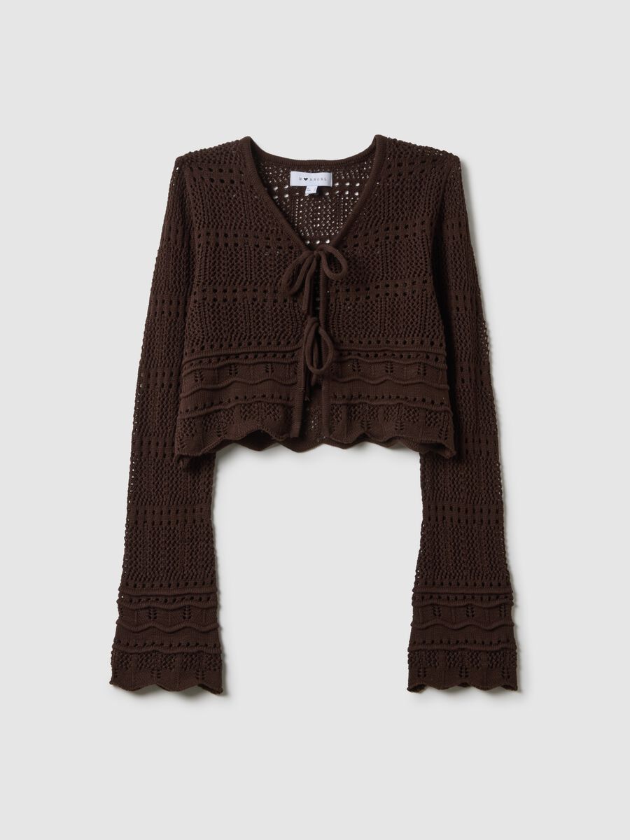 Brown pure cotton regular fit knitted deep V cardigan_0