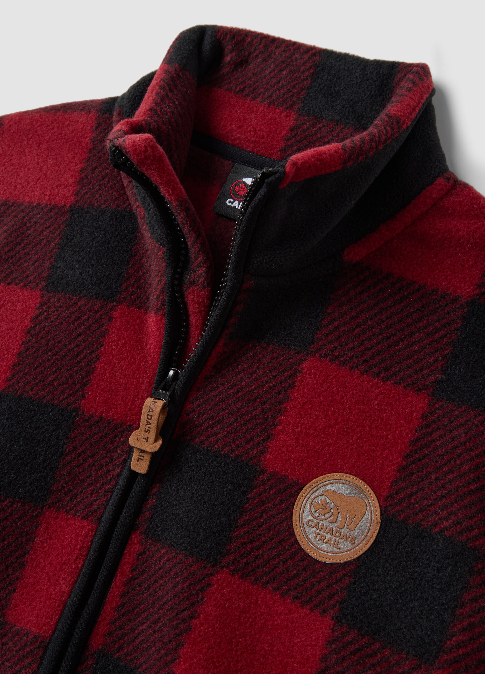 Red heavy check jacket with zip and high neck