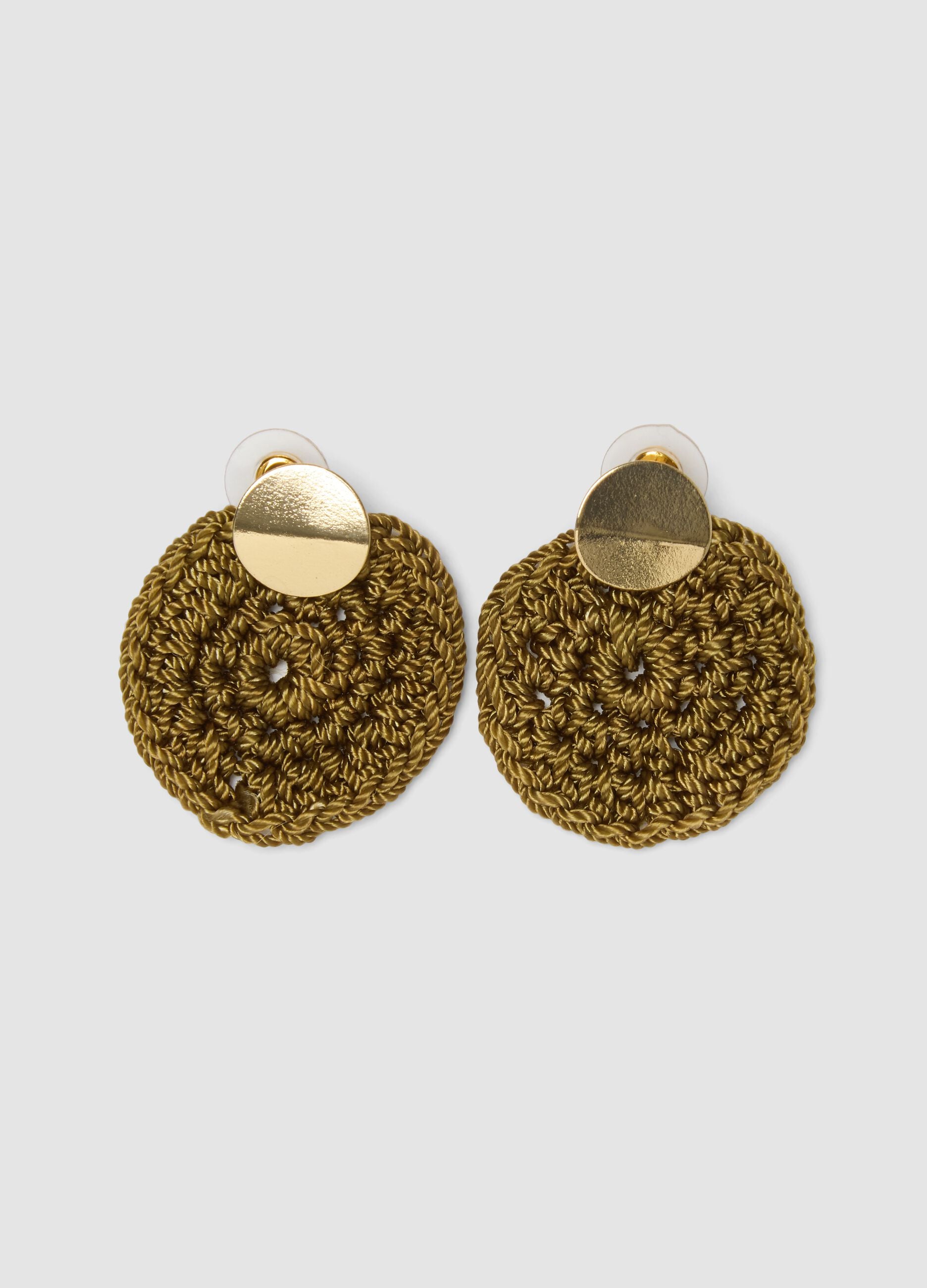 Round braided brown earrings with gold-tone detail