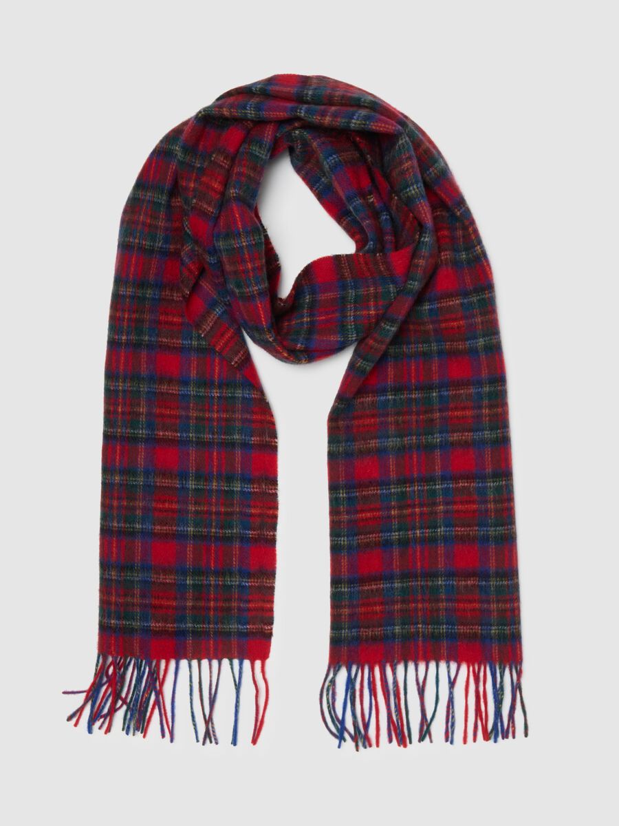 Multicoloured plaid pure wool scarf with fringes_1
