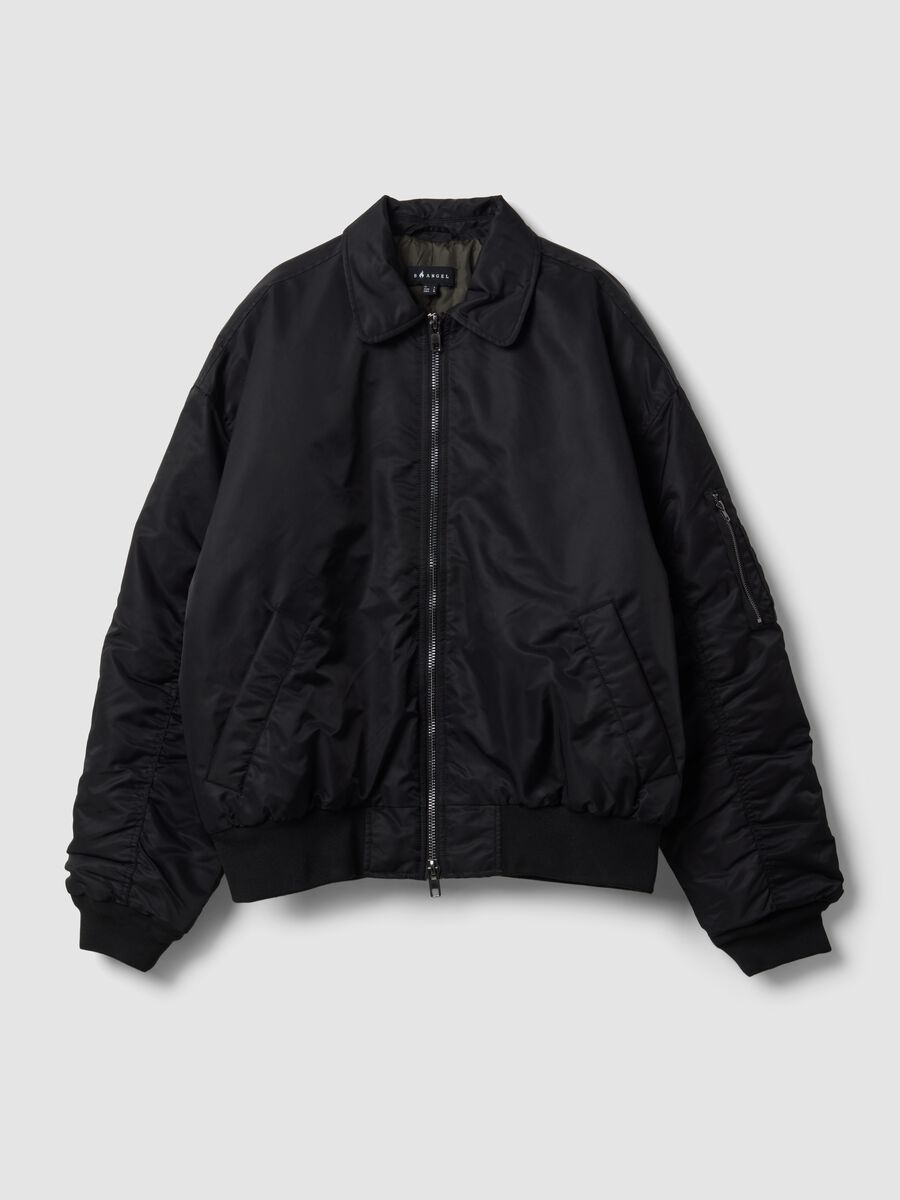 Giubbotto nero crop imbottito con zip e collo a camicia_0