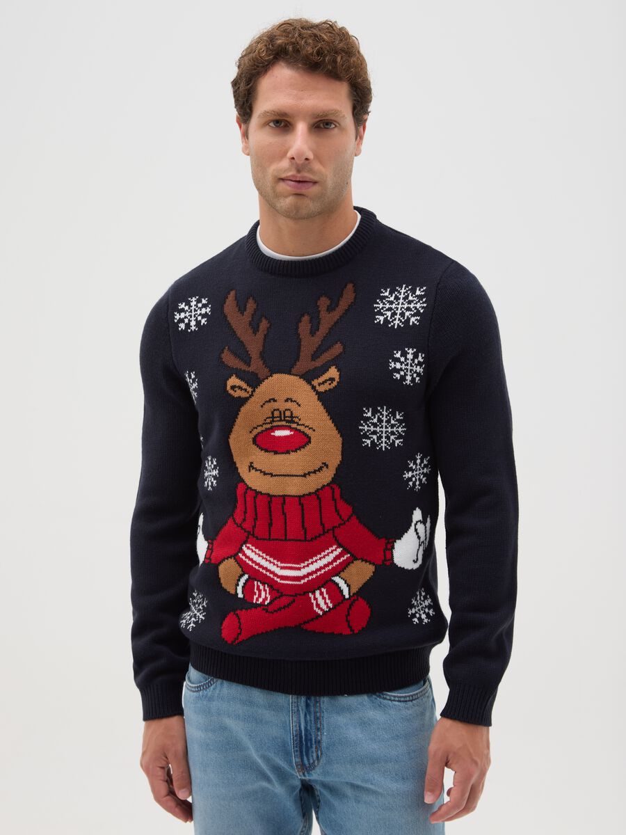 Blue regular fit Christmas jumper with reindeer embroidery_0