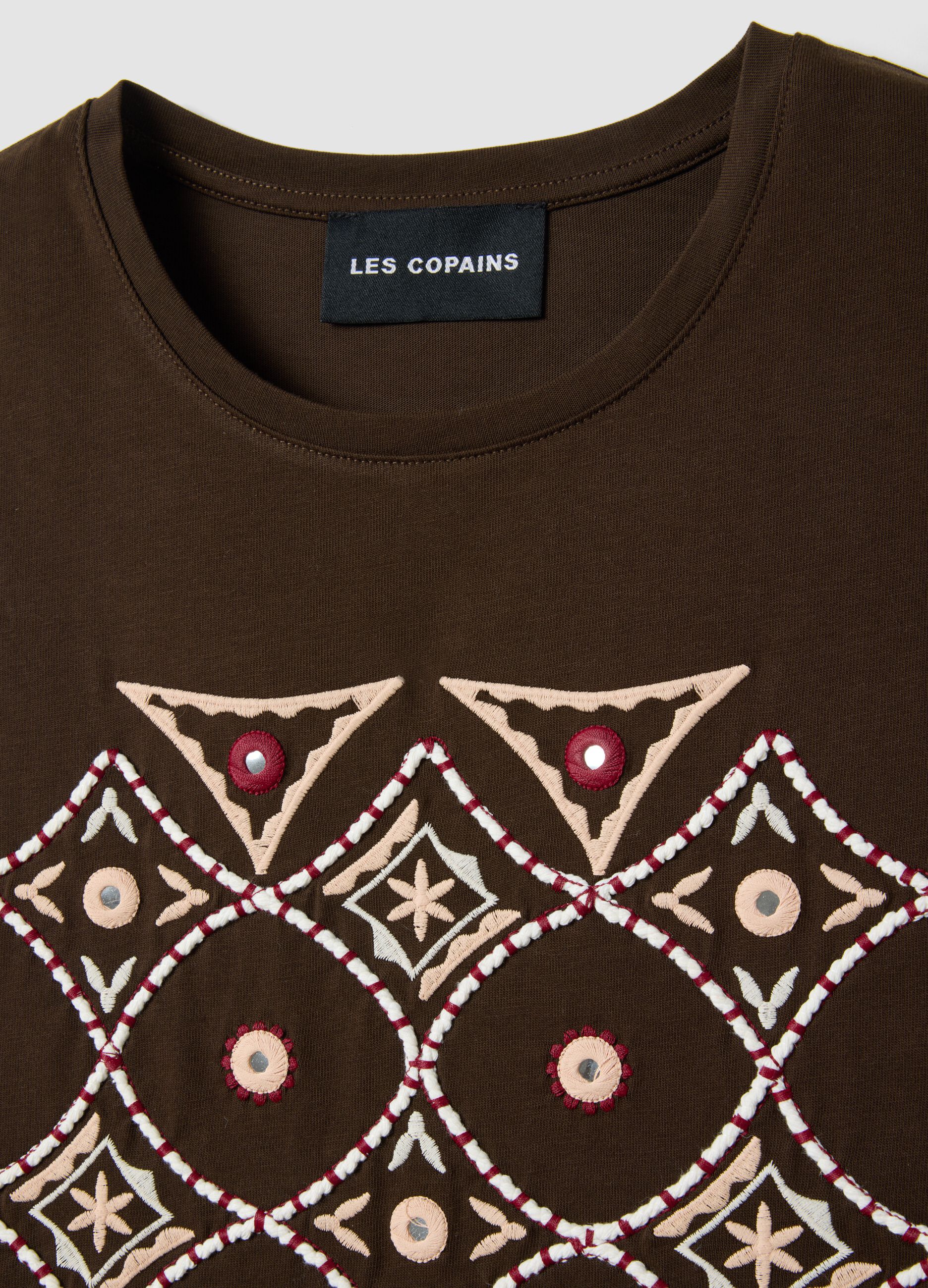 Brown pure cotton regular fit tank top with embroidery