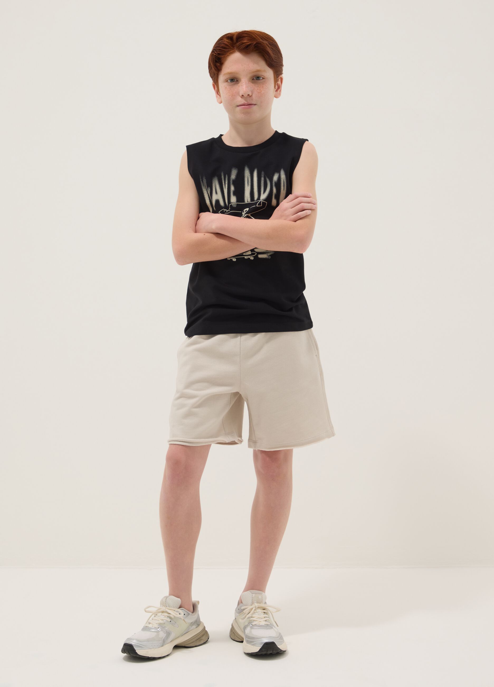 Blue and beige pure cotton set with vest and shorts