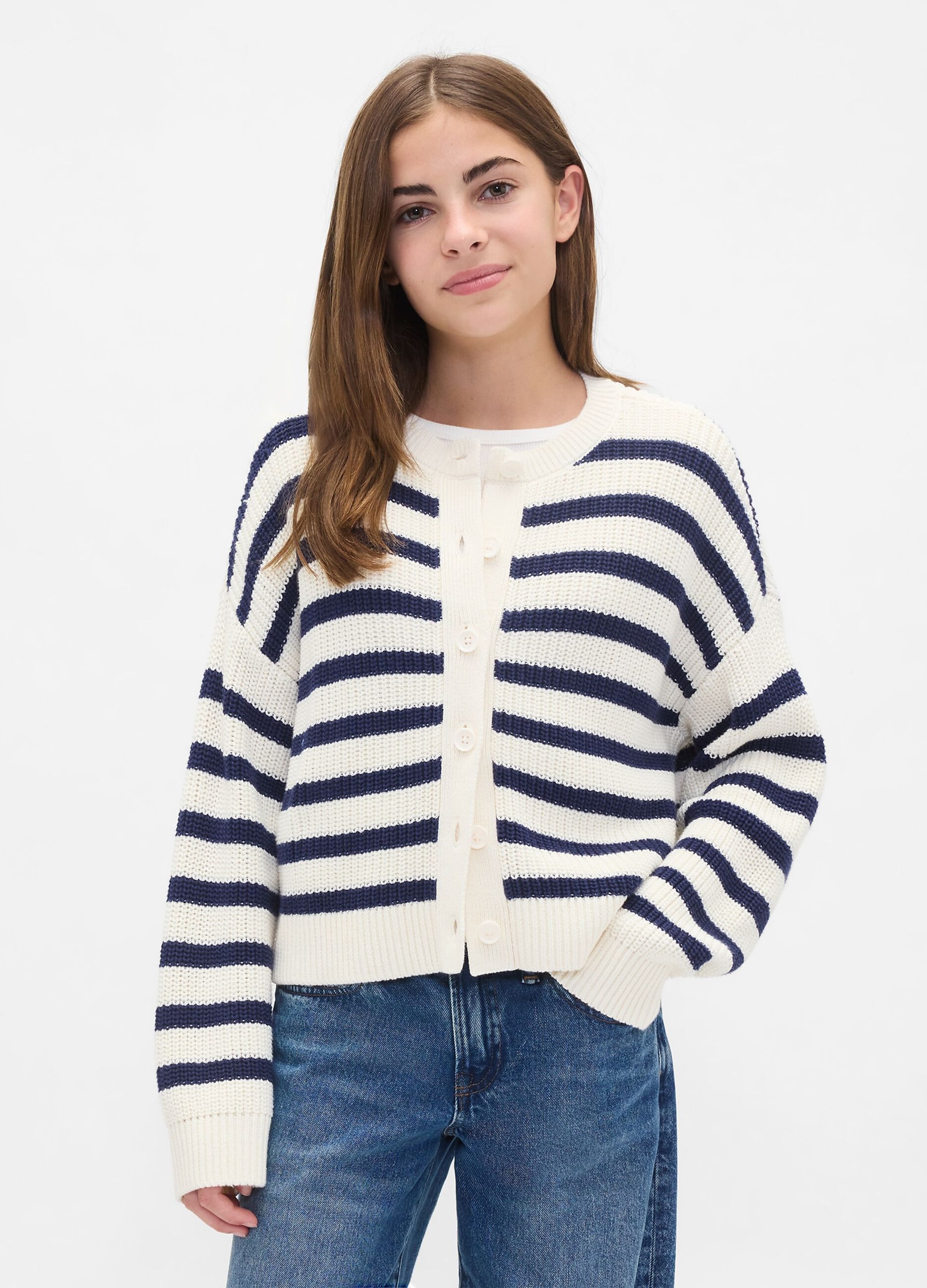 White and Blue Striped Cotton Cardigan