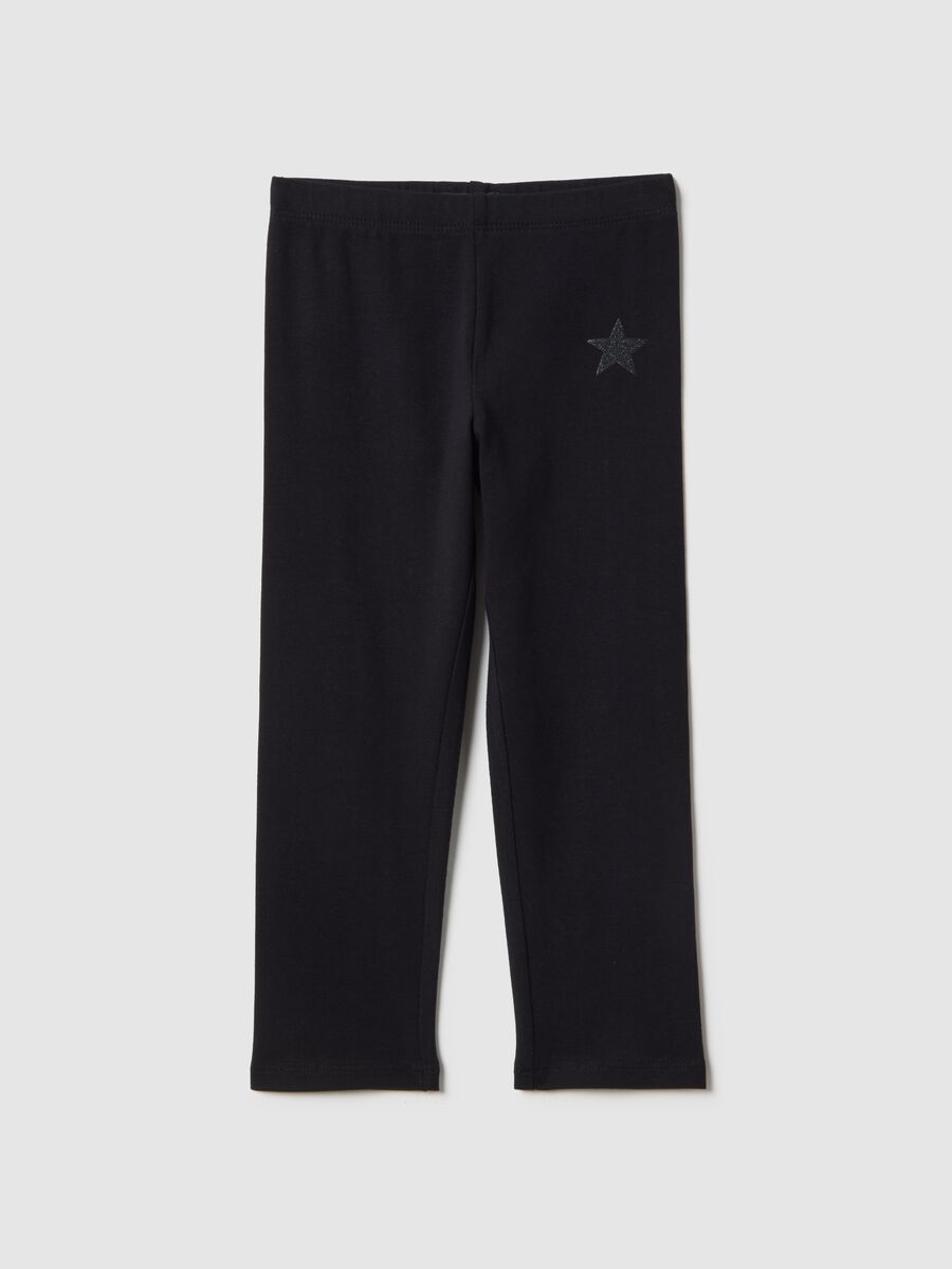Girls' black stretchy cotton leggings slim fit with star_0